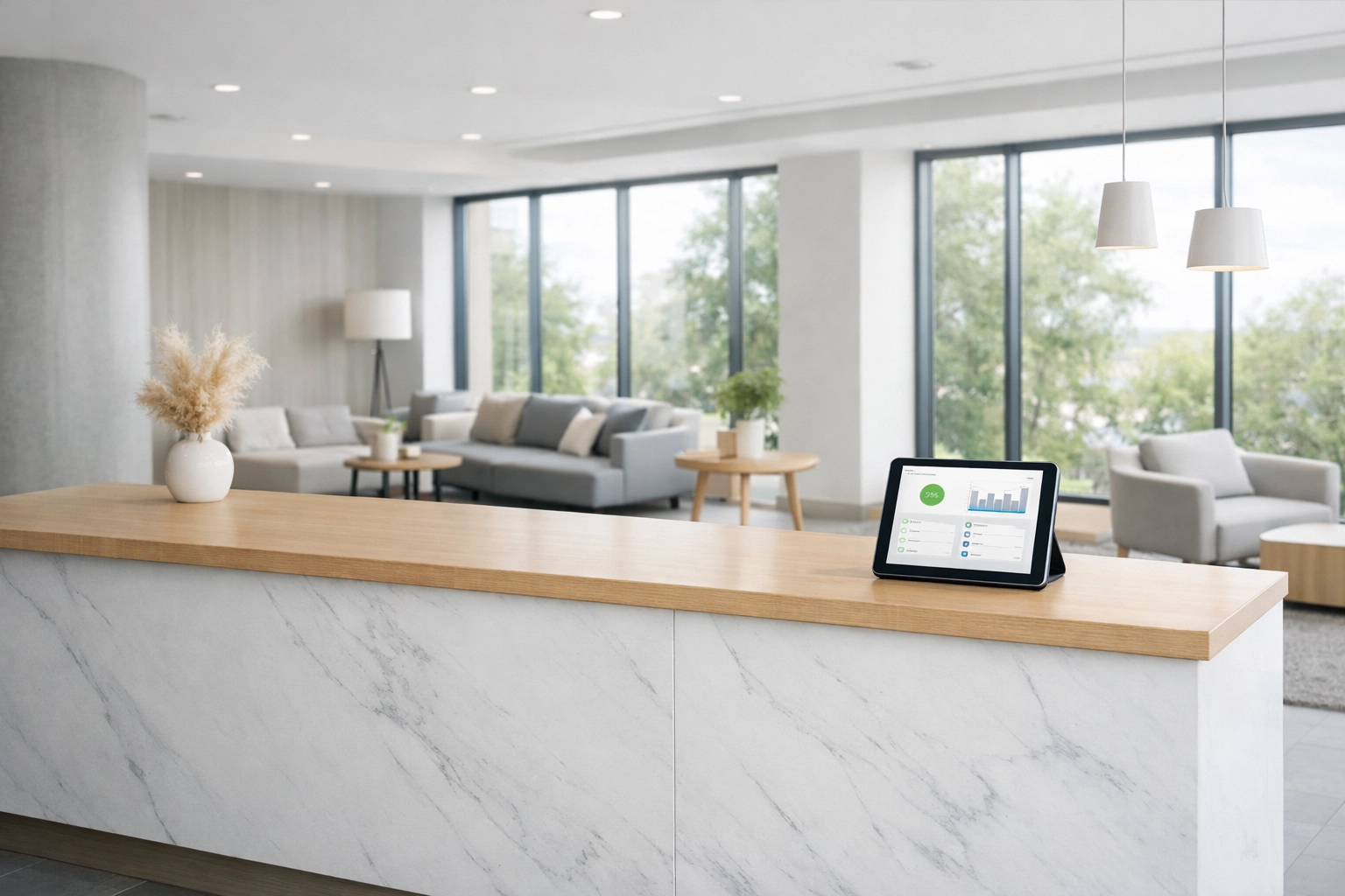 Modern hotel lobby with cloud-native PMS tablet at reception desk