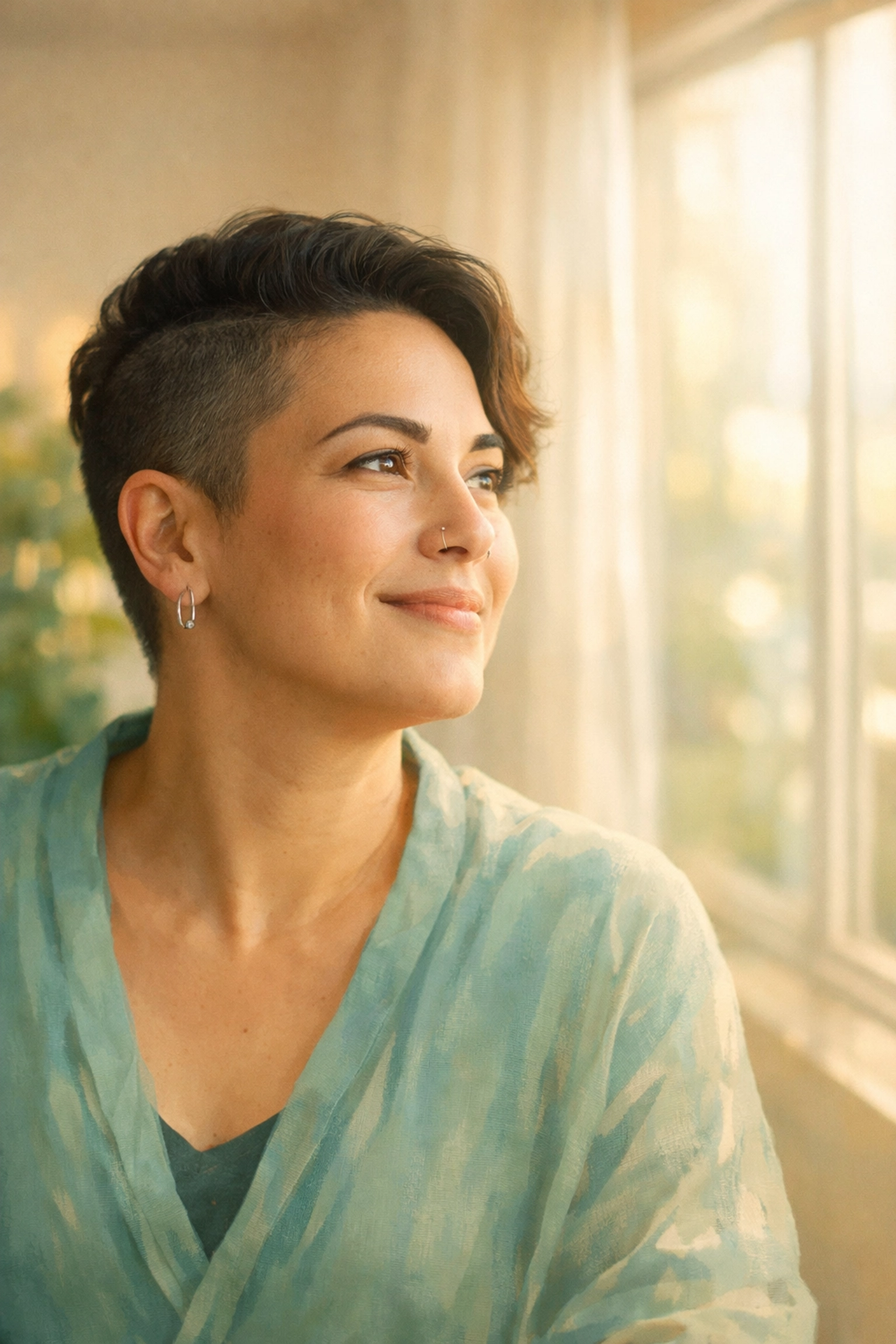 A hopeful person reflecting on resilience and self-discovery after a counseling session.