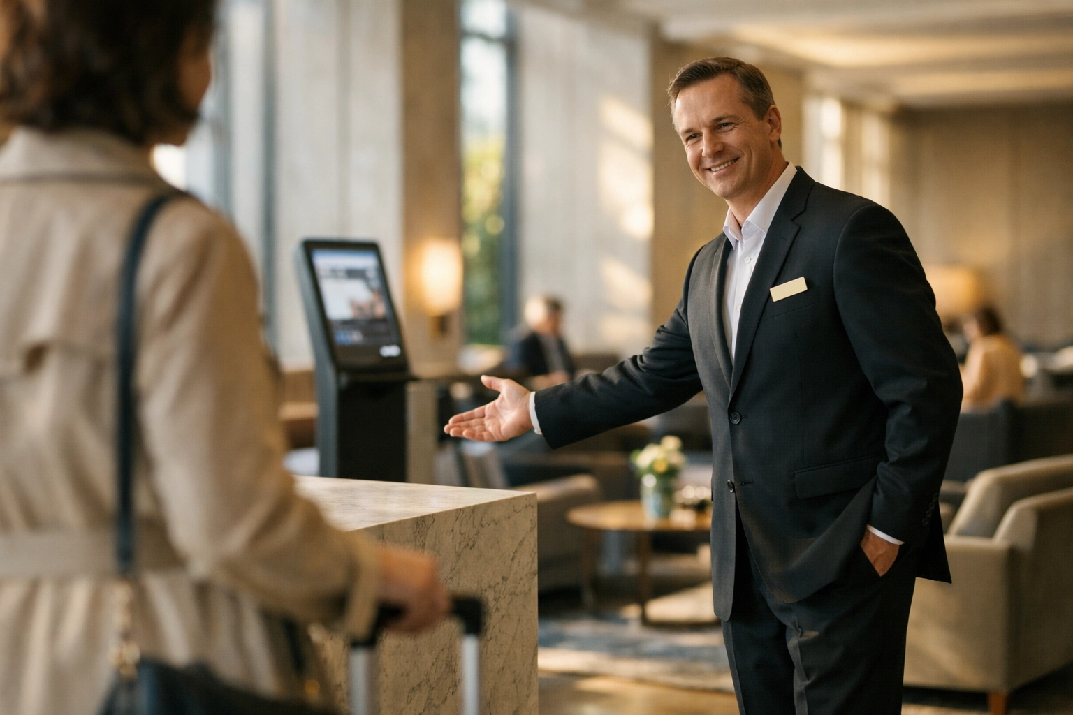 Hotel concierge greeting a guest in a luxury lobby where AI check-in kiosks automate routine service tasks.