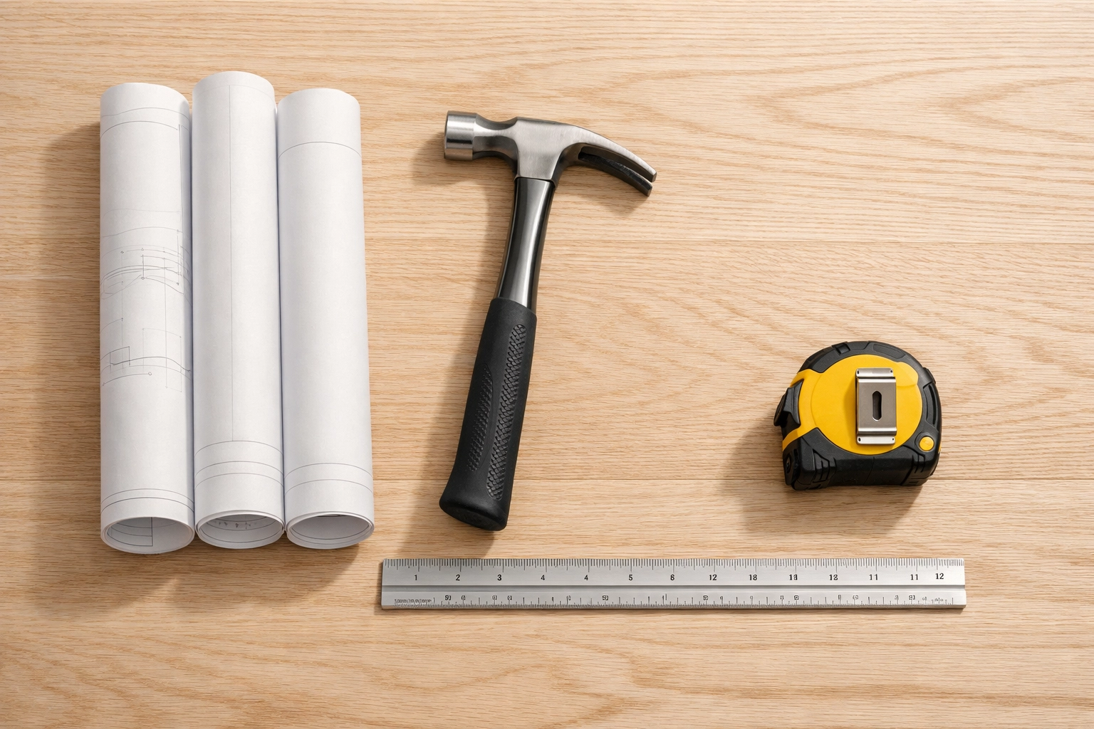 Contractor blueprints and tools on a workbench representing the foundation of business insurance in Connecticut.