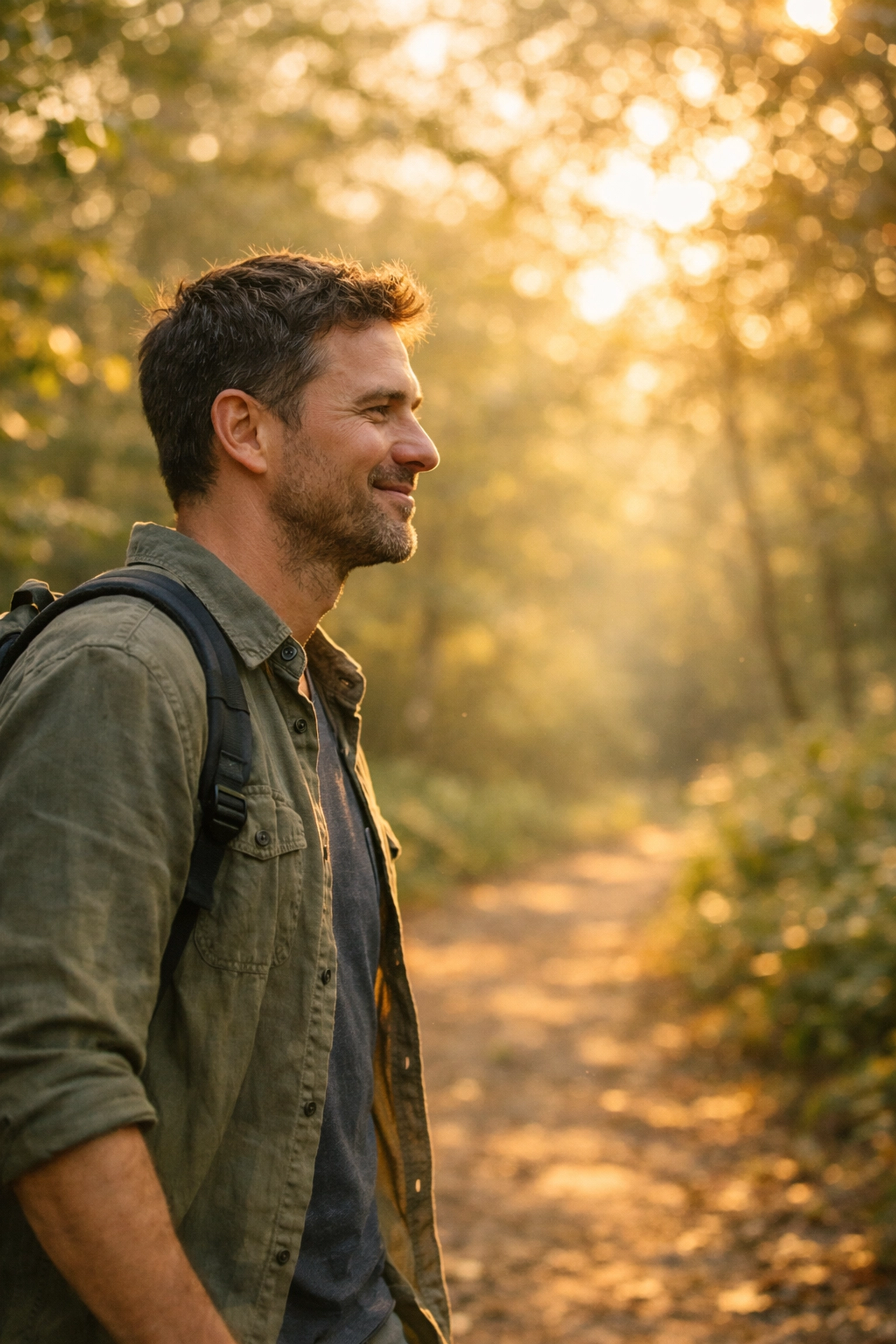 Felszabadult férfi a természetben, a merevedési zavar leküzdése és az önbizalom visszanyerése.