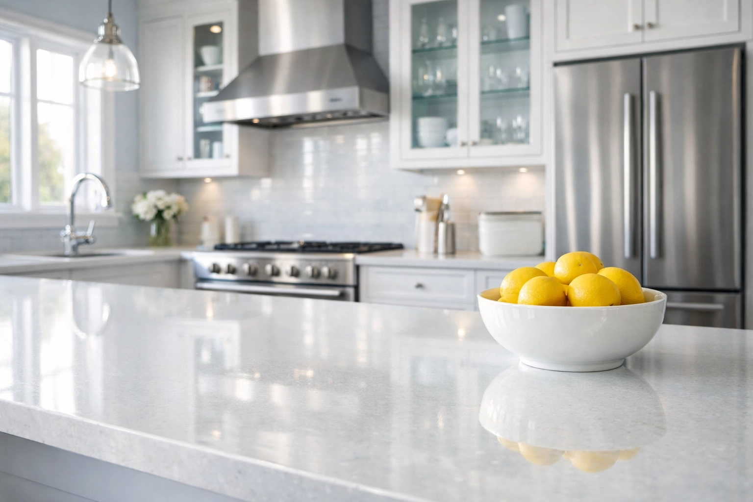 Pristine kitchen with sparkling countertops after professional deep house cleaning in Grafton MA.