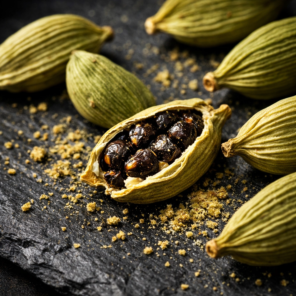 High-quality Kerala cardamom pods crushed to reveal aromatic seeds for natural health benefits.