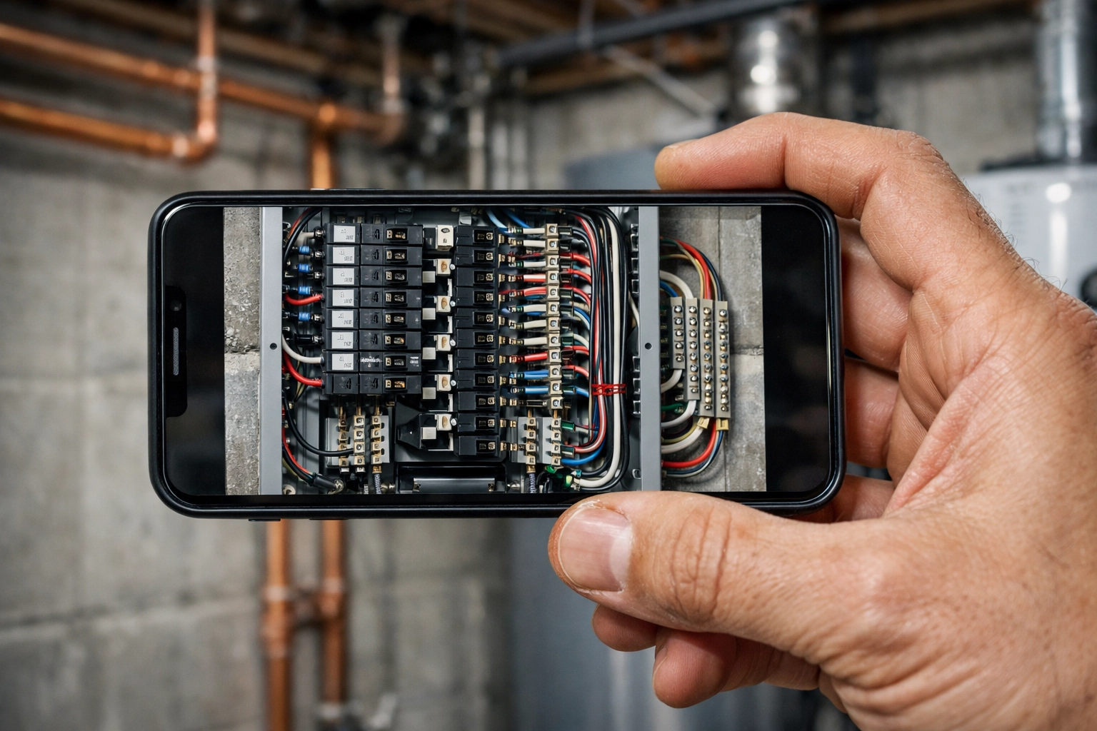 CT contractor documenting electrical work on a smartphone to support insurance claims and liability protection.
