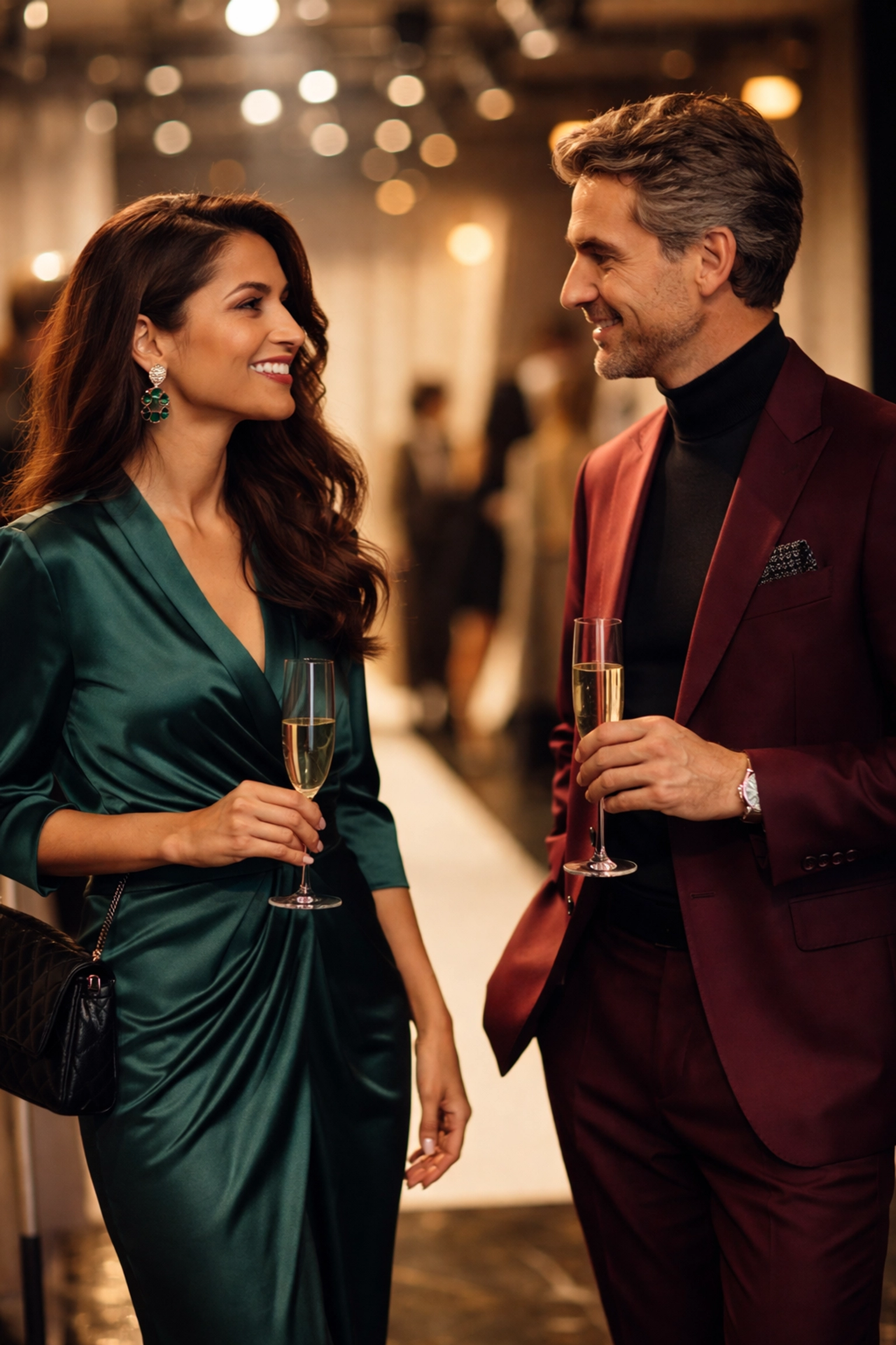 Latina designer networking with international fashion buyer at exclusive industry event, showcasing industry connections.