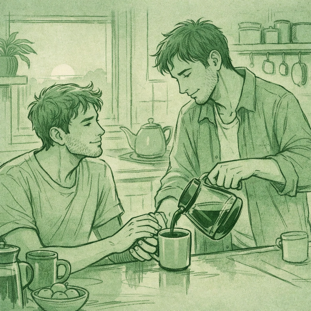 Illustration of a gay couple sharing a quiet moment in the kitchen, highlighting tender intimacy in MM romance.