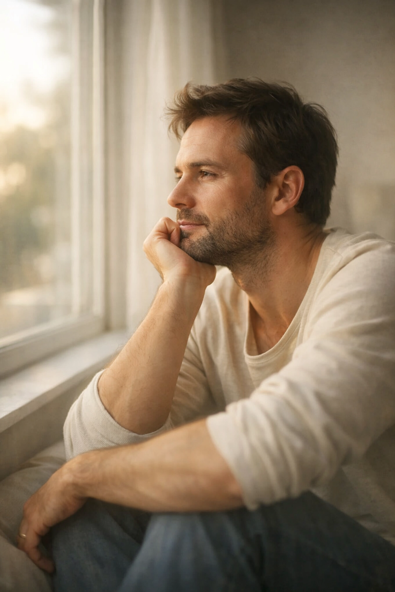 Gondolkodó férfi az ablaknál, a merevedési zavar lelki okainak leküzdése.