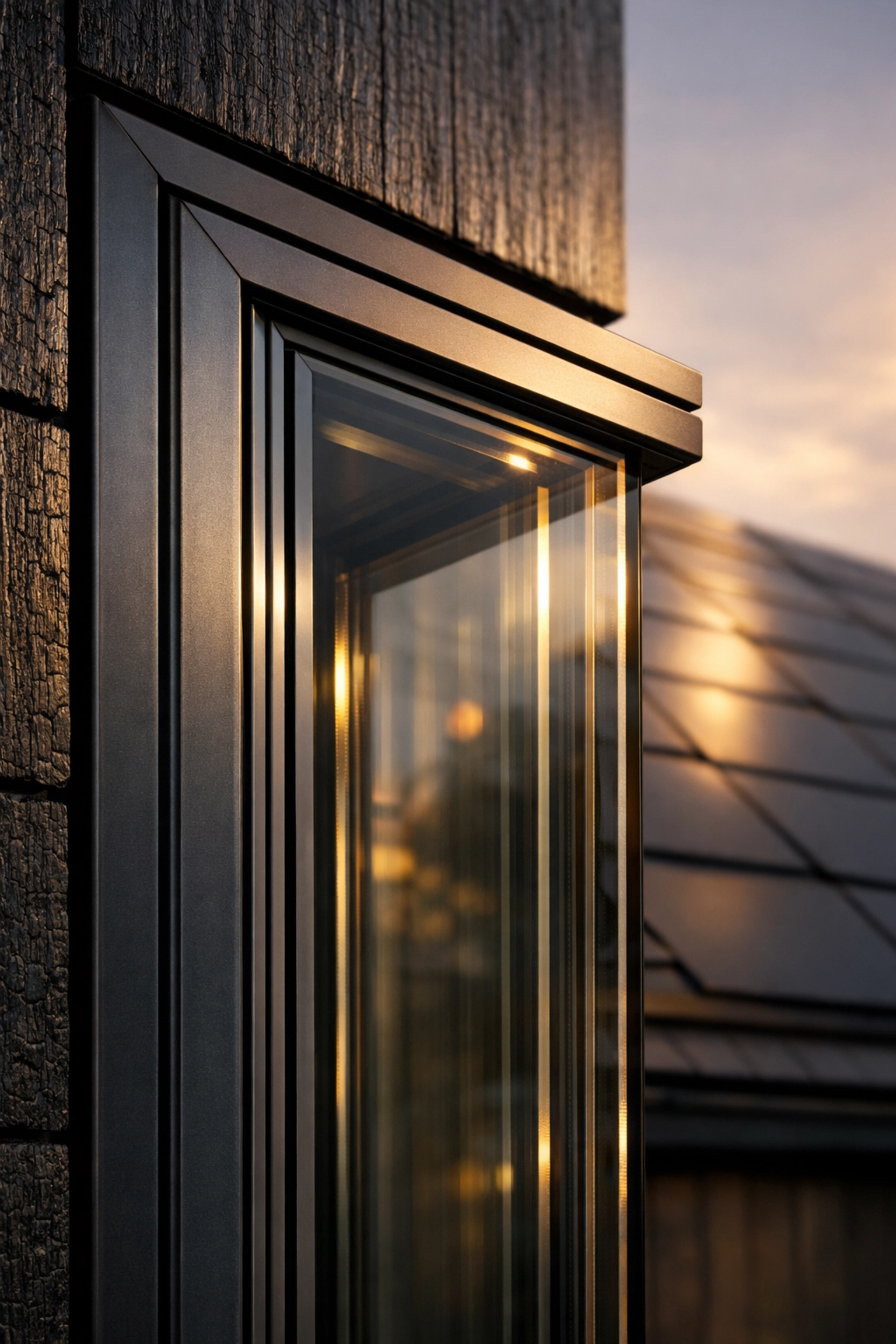 Close-up of triple-glazed windows and solar tiles for a sustainable bungalow transformation.