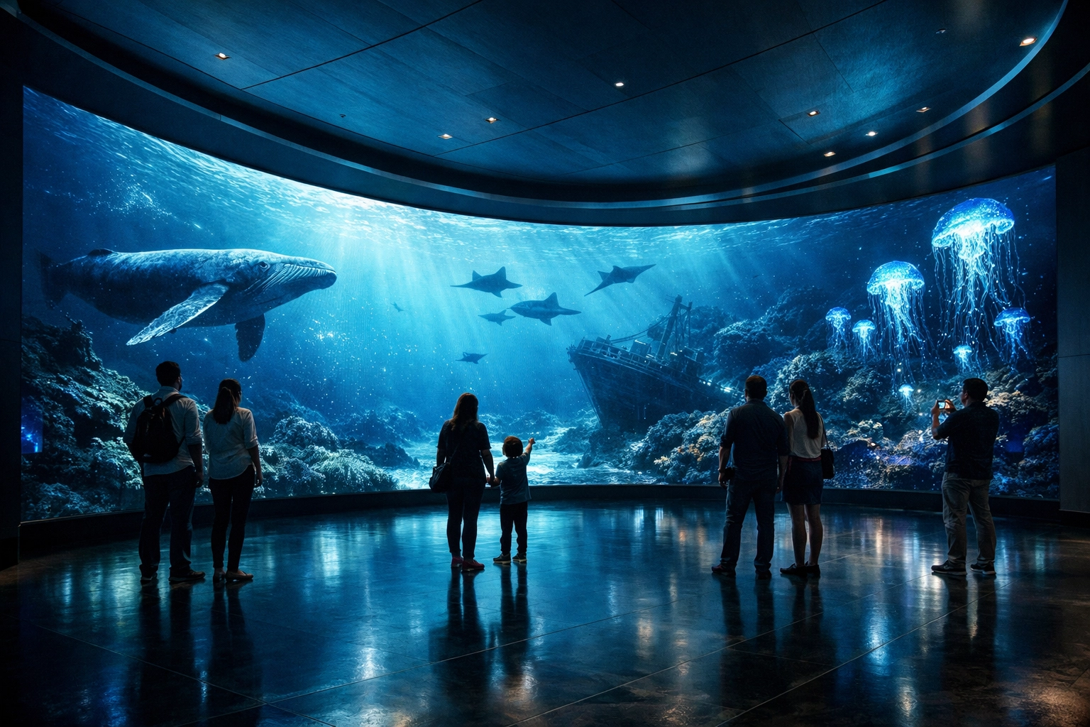 Visitors viewing an immersive aquarium LED display for enhanced digital storytelling in a smart venue.