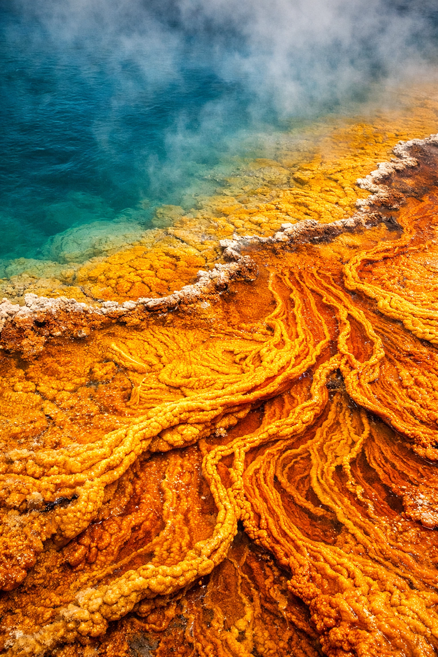 Colorful microbial mats and turquoise water at a Yellowstone hot spring, illustrating biology and art.