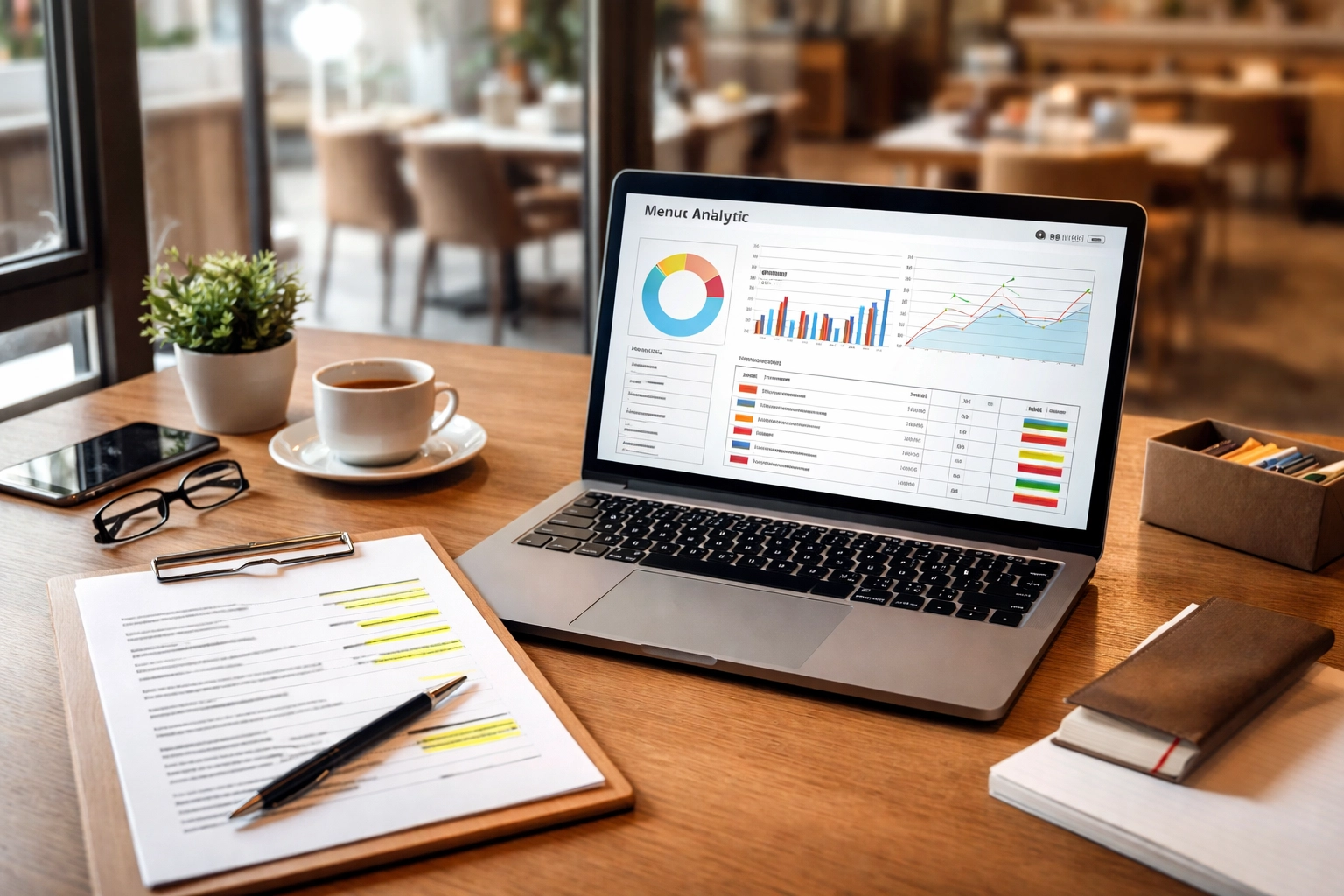 Restaurant manager workspace with menu analytics on laptop, emphasizing data-driven restaurant investment decisions