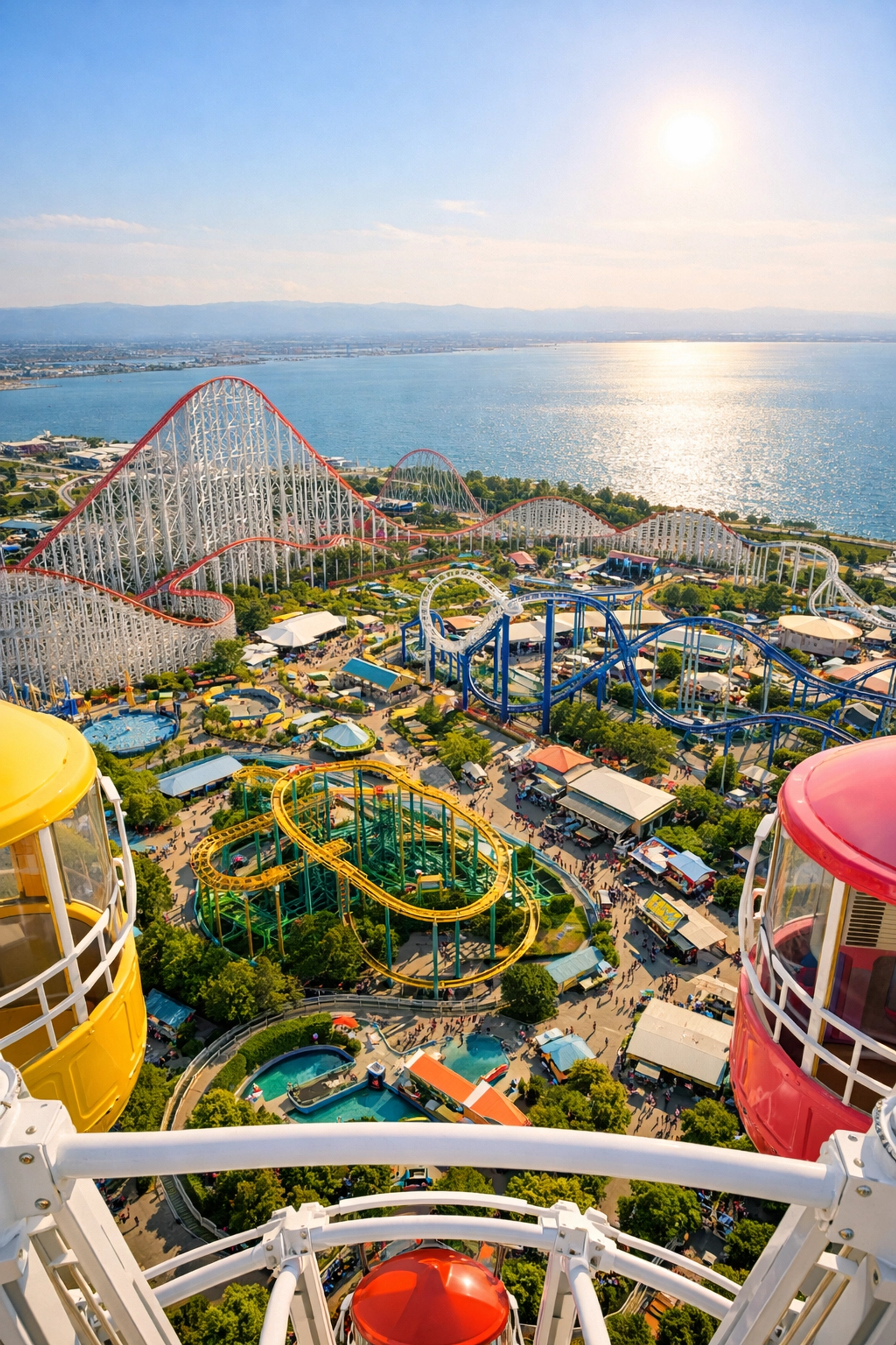 Aerial view of roller coaster tracks from the Aurora Wheel, an iconic Nagashima Spa Land photo spot.