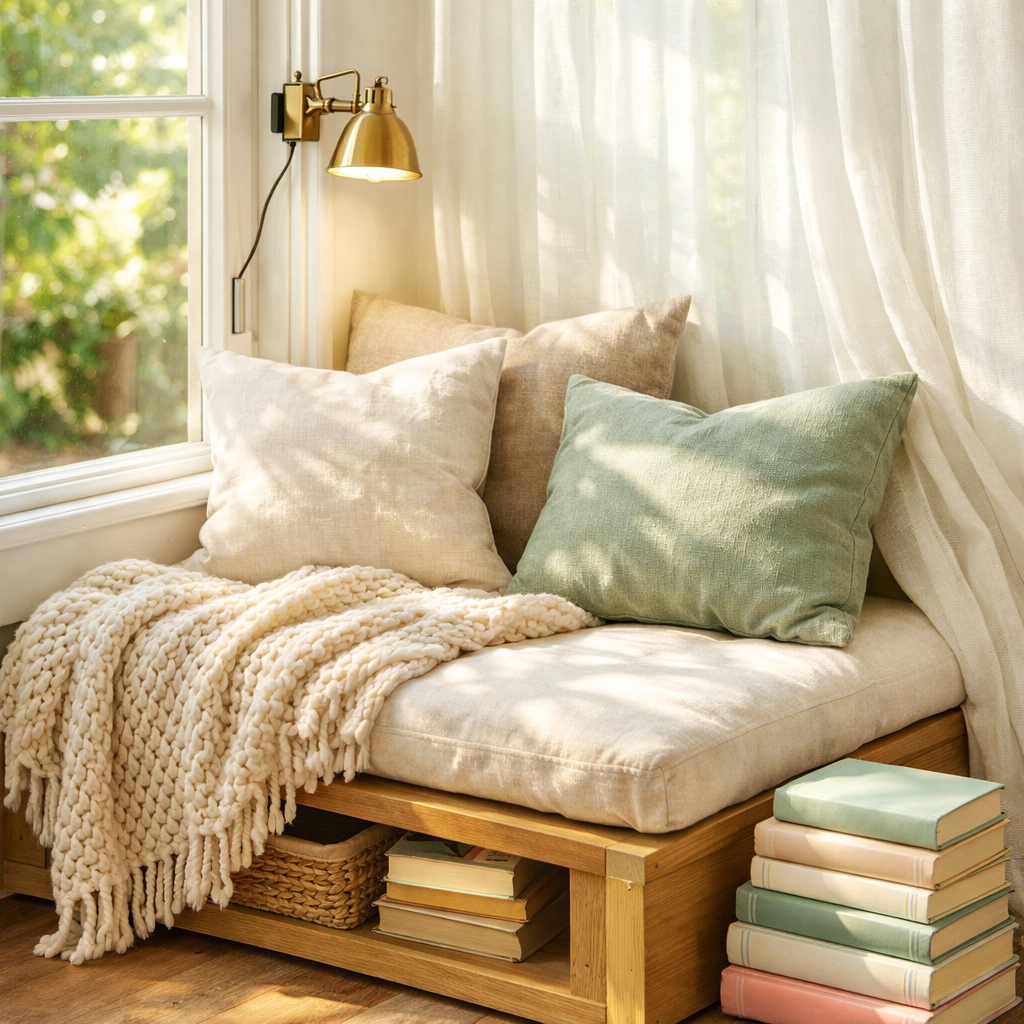 Cozy window reading nook with storage bench, cushions, and natural light in small living room