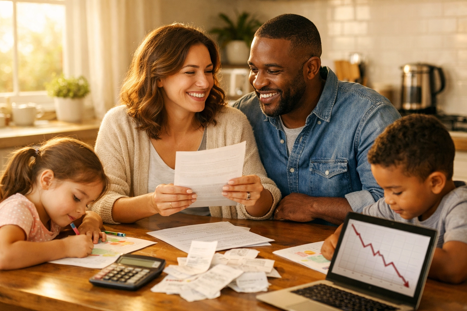 Family reviewing household budget together showing relief from decreasing inflation rates