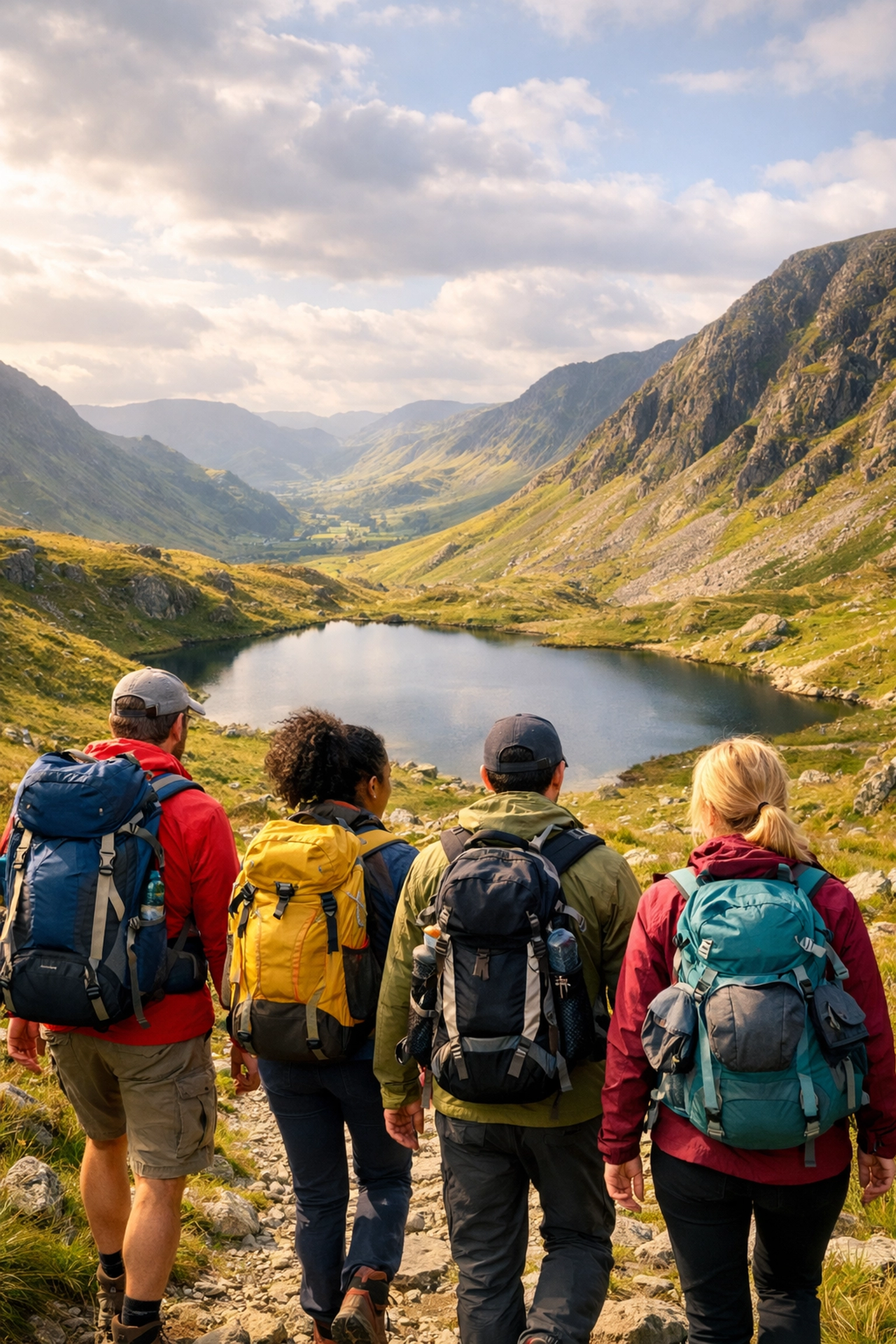 Group of hikers on guided walking tour exploring Lake District trails with mountain views