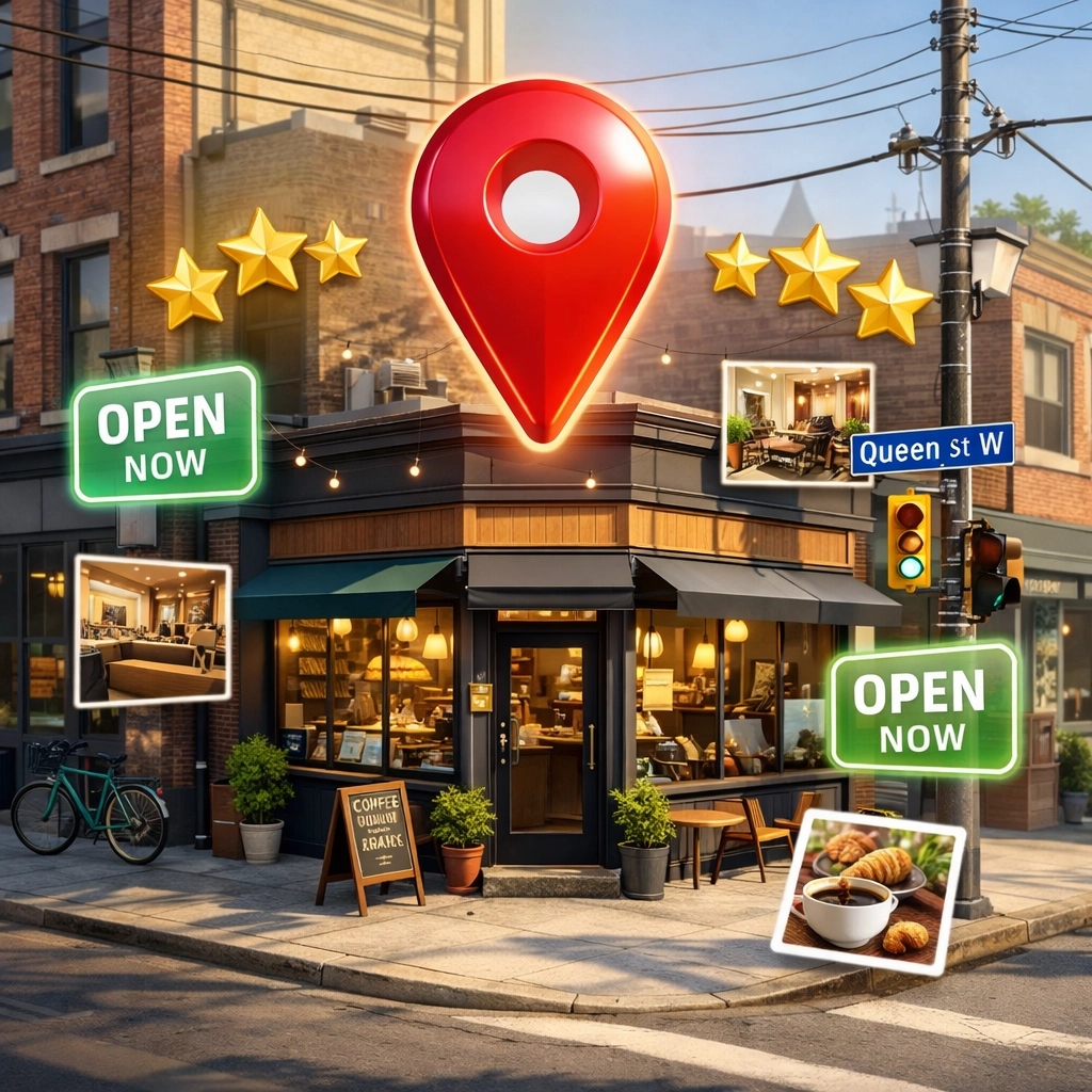 Optimized Google Business Profile for a Toronto storefront on Queen Street West with positive reviews.