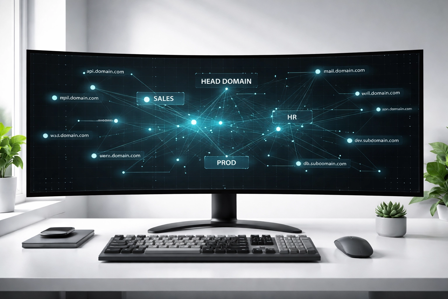 Ultrawide monitor in IT workspace displaying subdomain network diagram for comprehensive email security