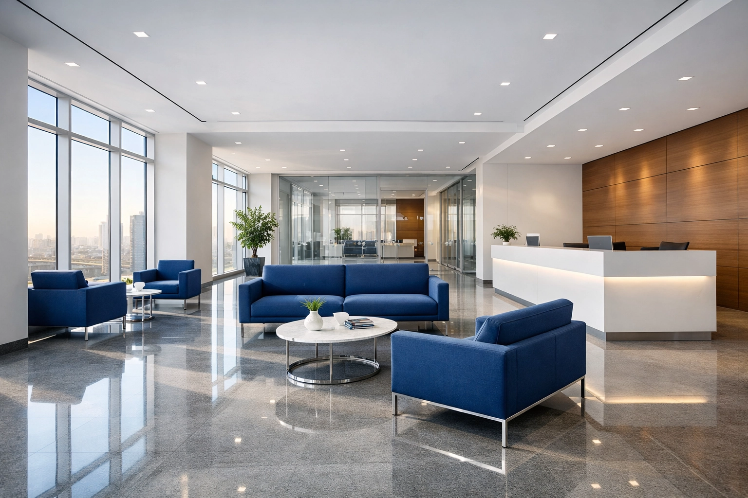 A professionally cleaned office lobby in Pepperell, MA with polished floors and a welcoming, organized atmosphere.