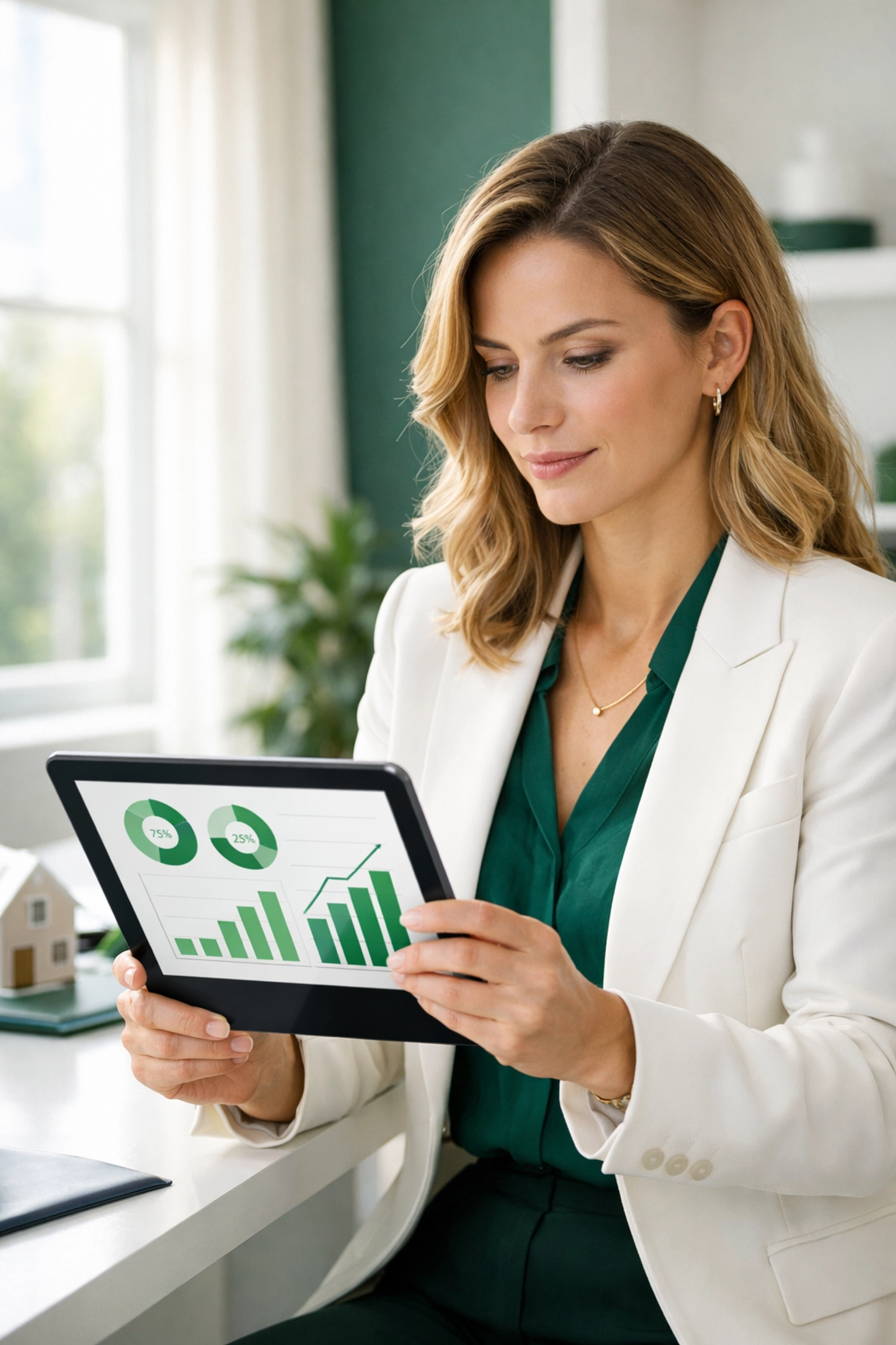 Female investor analyzing DSCR loan ratios and property cash flow on a digital tablet.