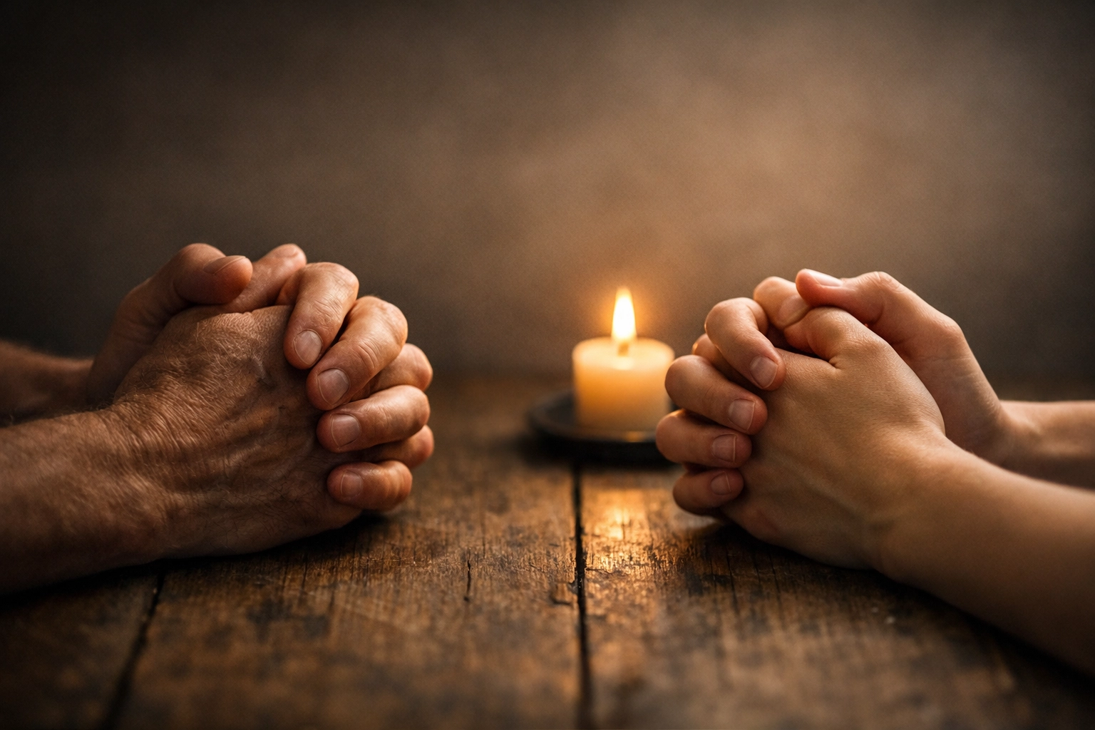 Close-up of hands clasped in prayer over a wooden table, representing faith and perseverance for believers in India.