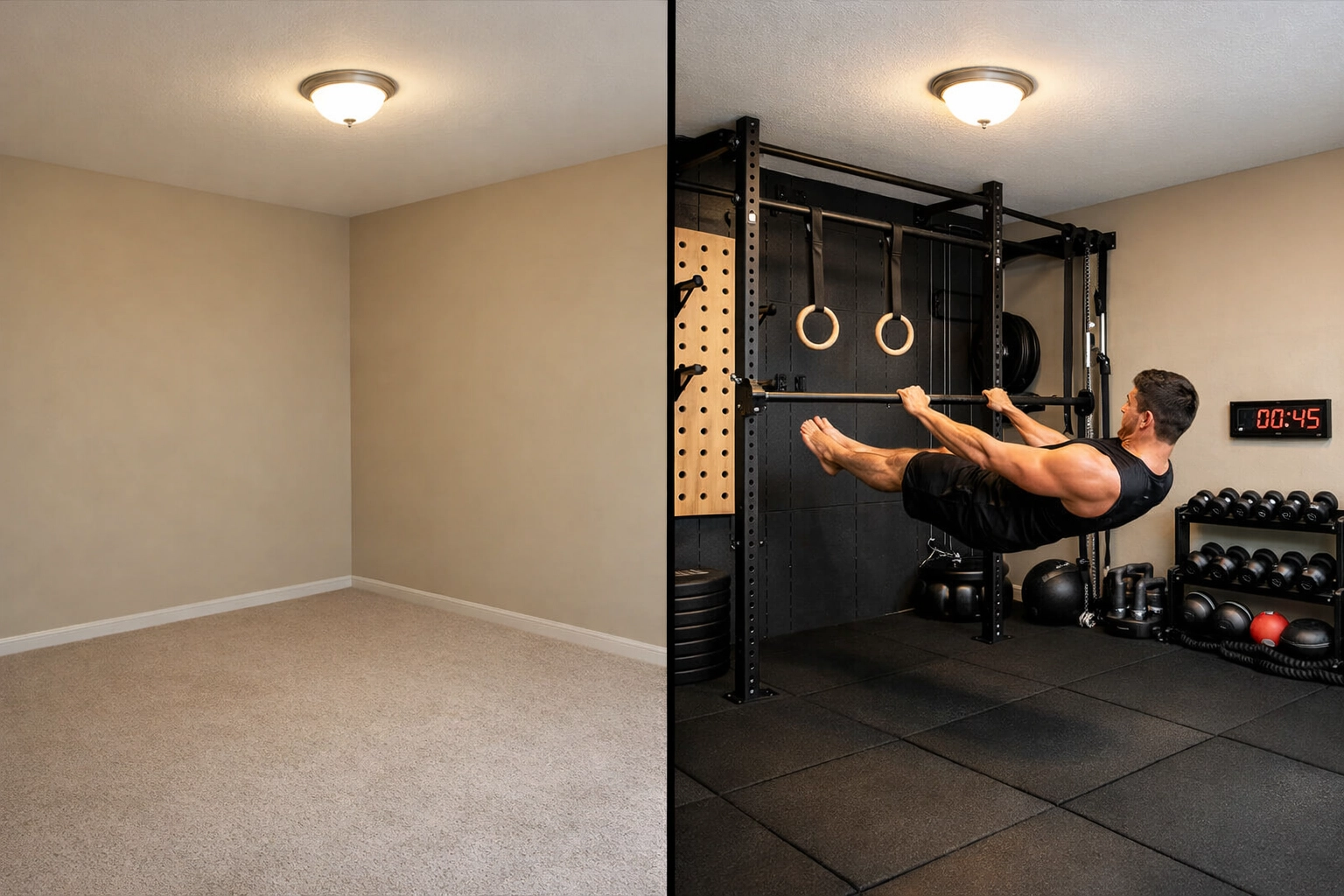 Before and after room transformation showing empty space converted to professional home gym