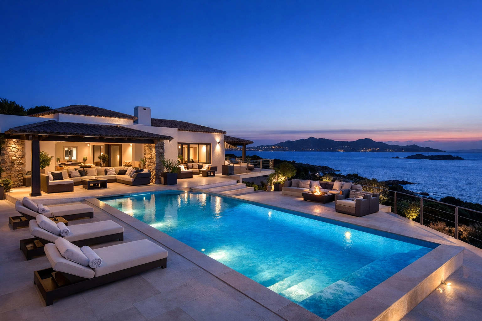 Glamorous North East Sardinia villa with heated pool and sea-view terrace at blue hour