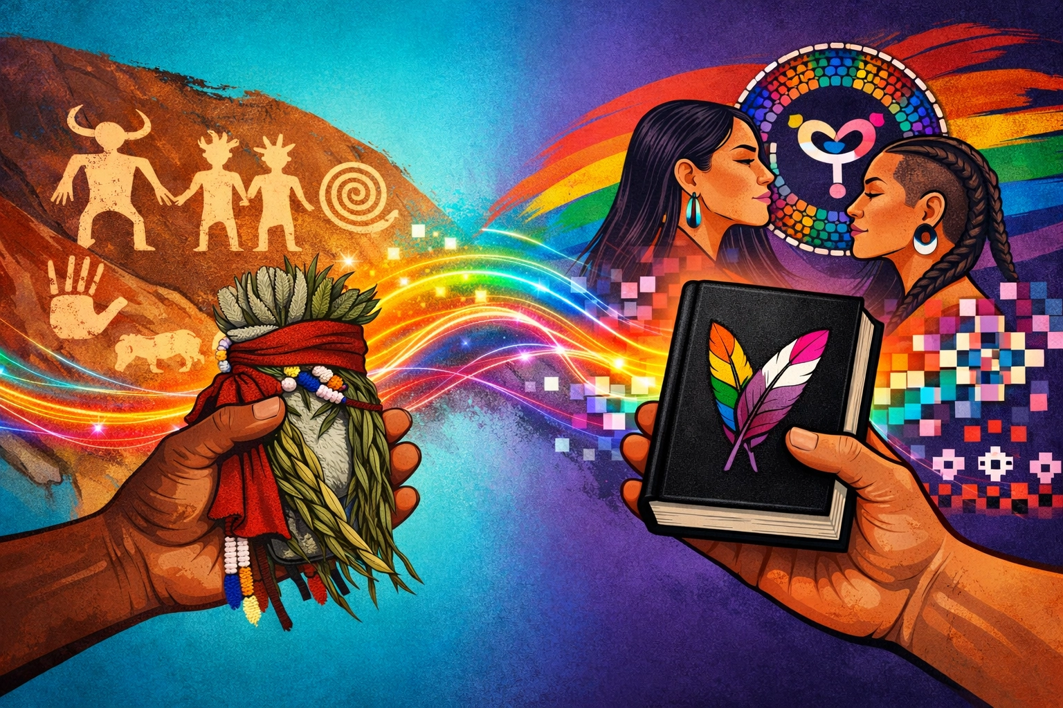 Hands holding Indigenous medicine bundle and book, bridging ancestral Two-Spirit traditions with modern LGBTQ+ stories
