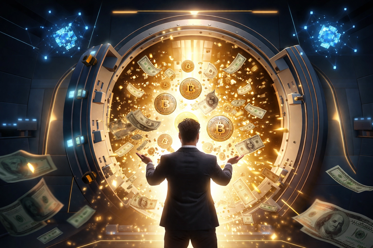 Merchant receiving digital payments directly with cryptocurrency and cash, highlighting self-custody Web3 accounts for reducing interchange fees.