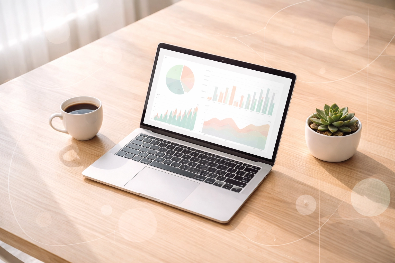 Overhead view of a conference table with a laptop displaying marketing analytics for owner ROI tracking