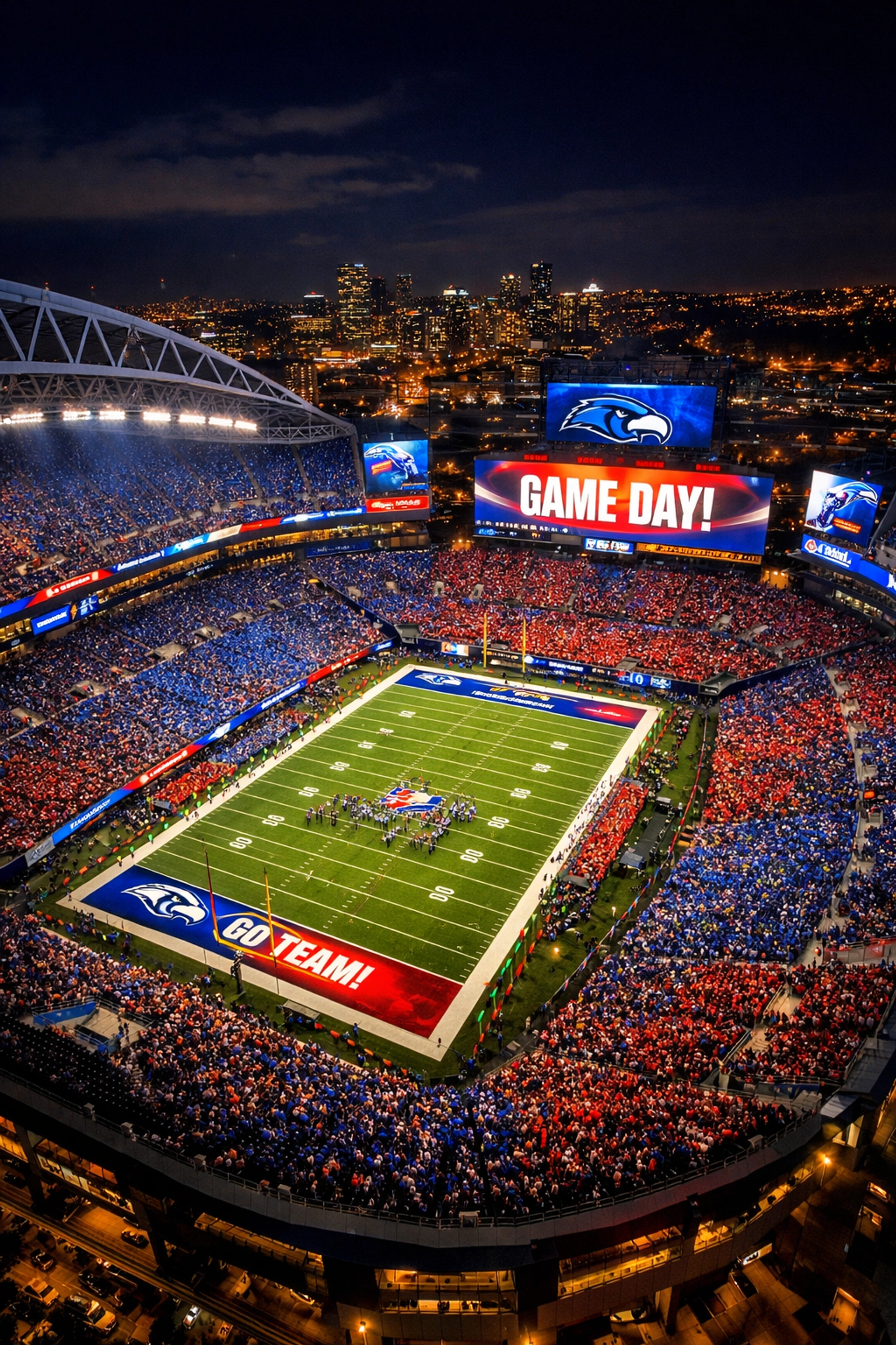 Modern sports stadium with LED screens and jumbotrons demonstrating smart venue technology