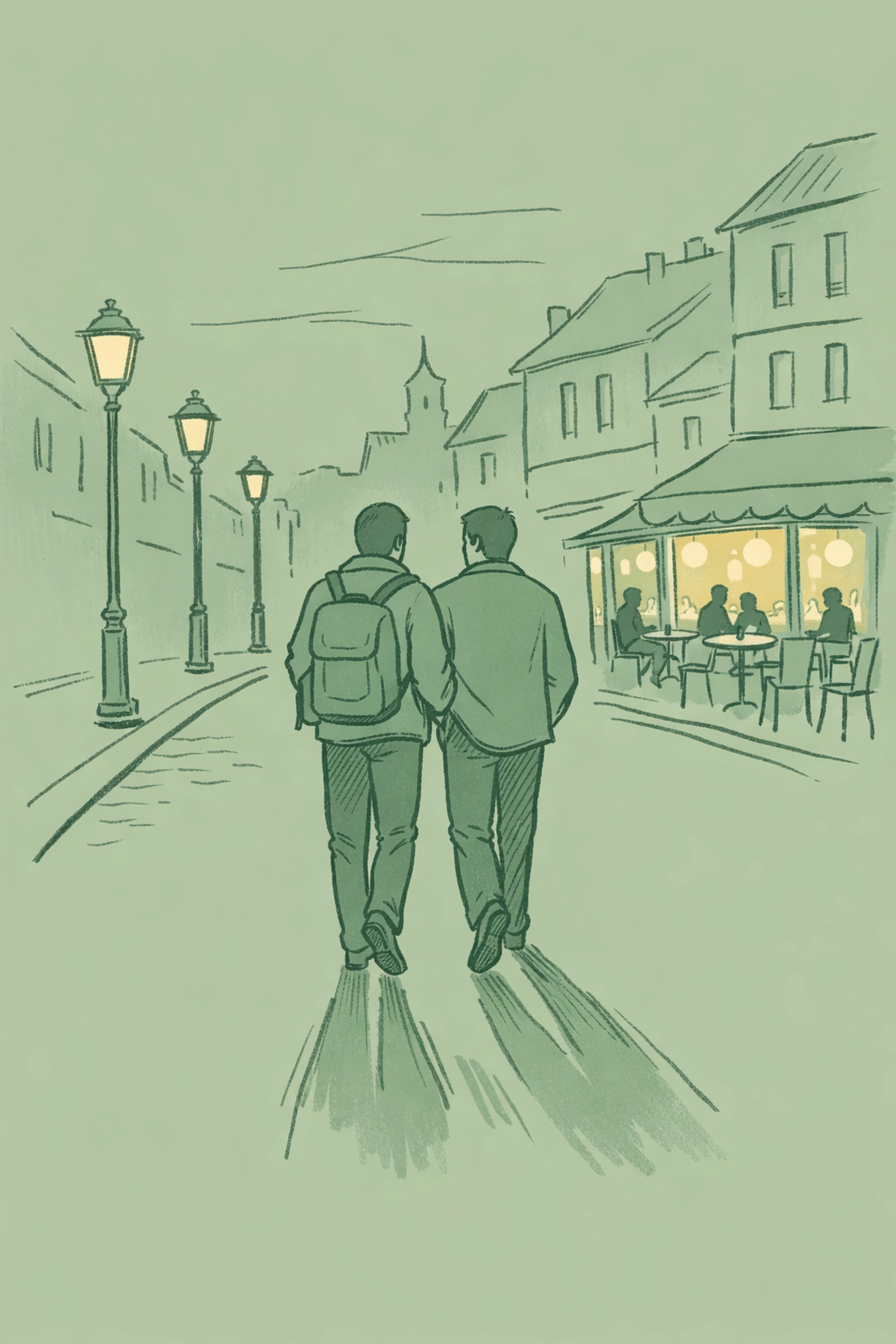 LGBTQ+ refugee couple walking together through Berlin streets starting new life after asylum