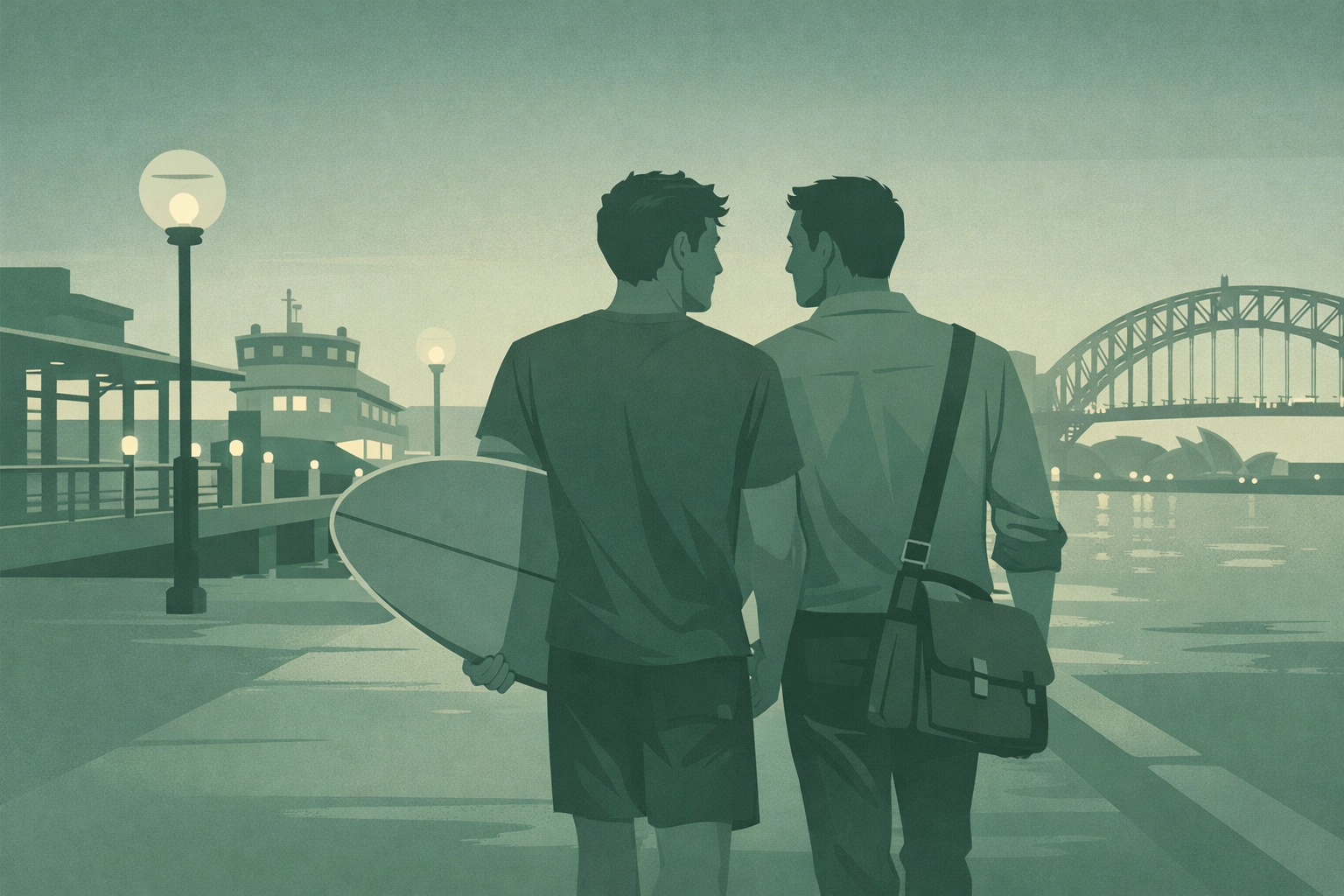 MM romance couple walking together at Circular Quay Sydney at dusk