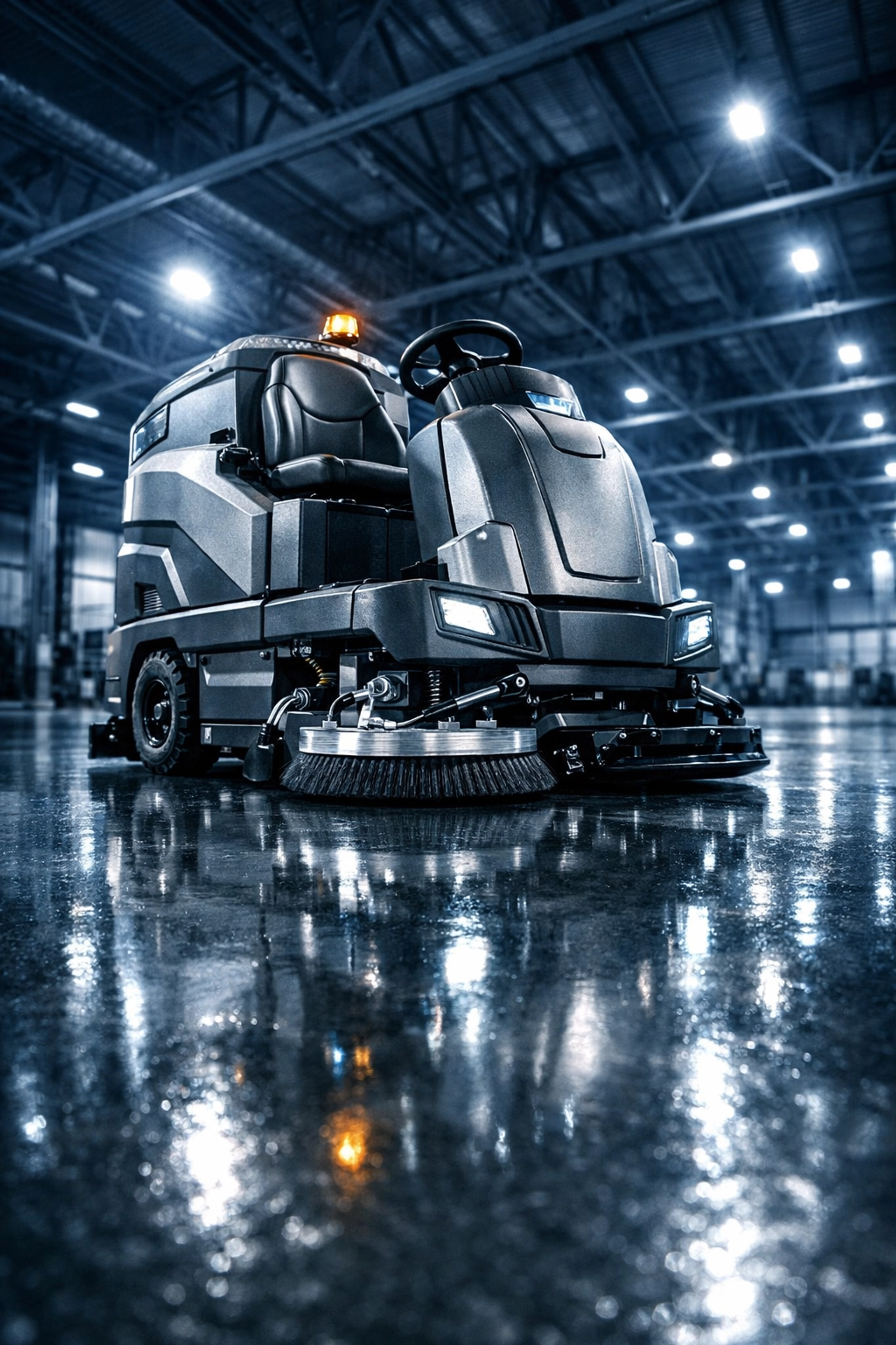Industrial floor scrubber cleaning a Sydney warehouse managed by professional cleaners for businesses.