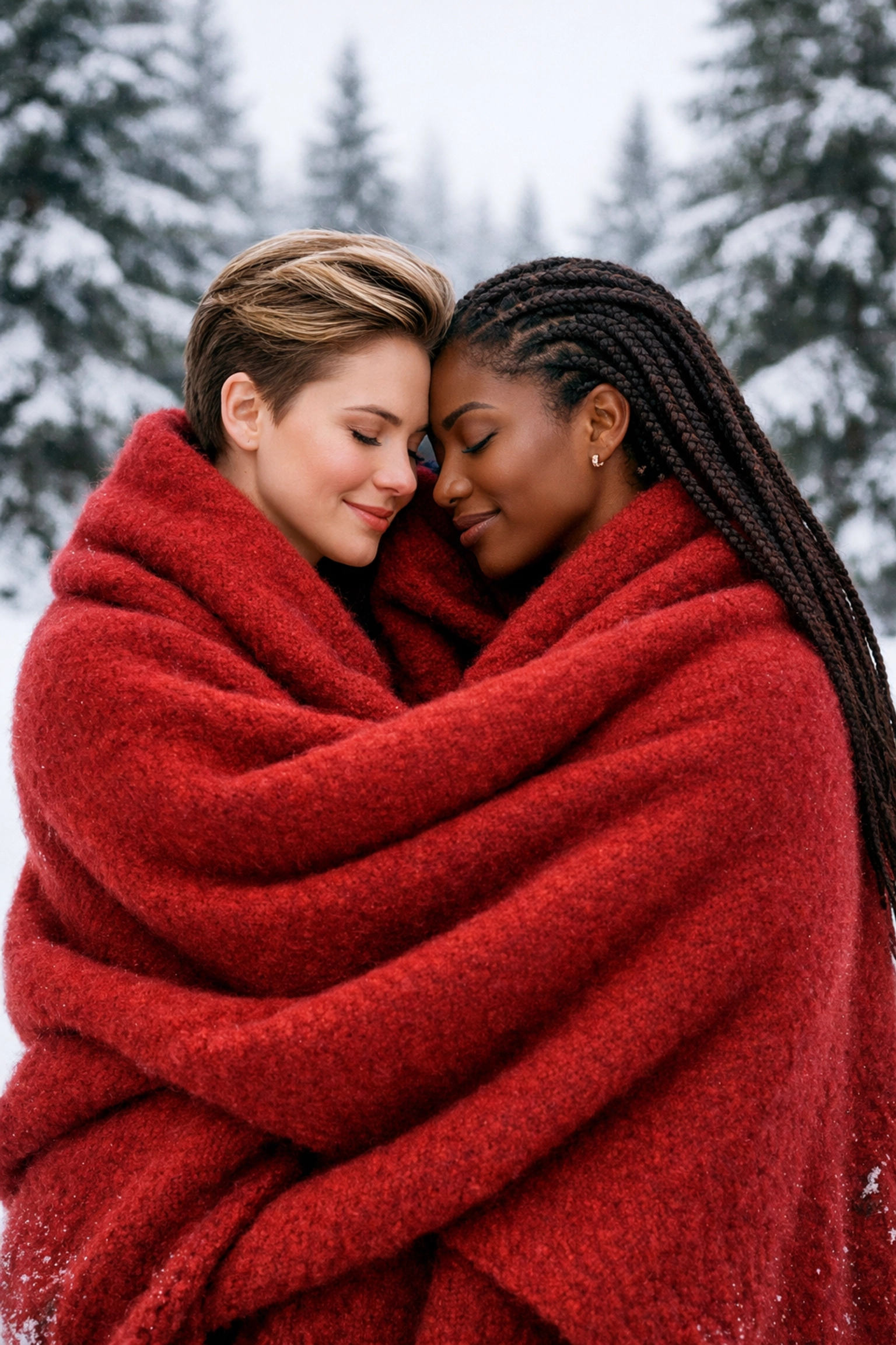 A lesbian couple cozying up in a red blanket in the snow for winter romance photography.