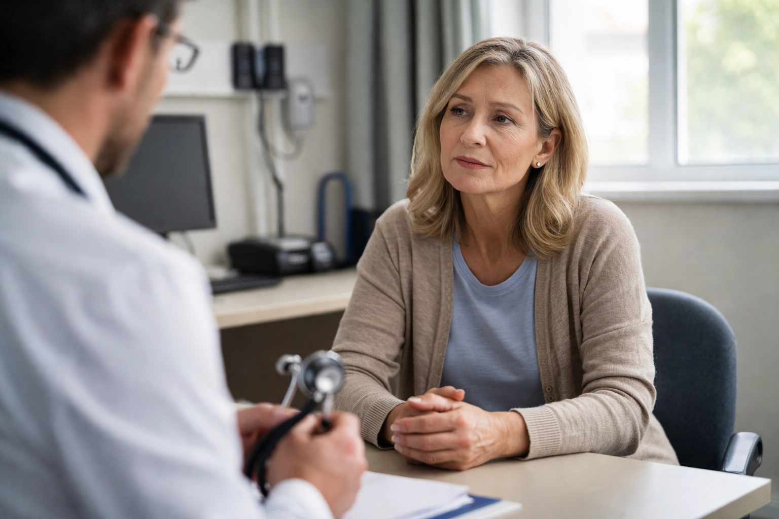 Patient discussing respiratory symptoms with GP during NHS consultation for COPD diagnosis