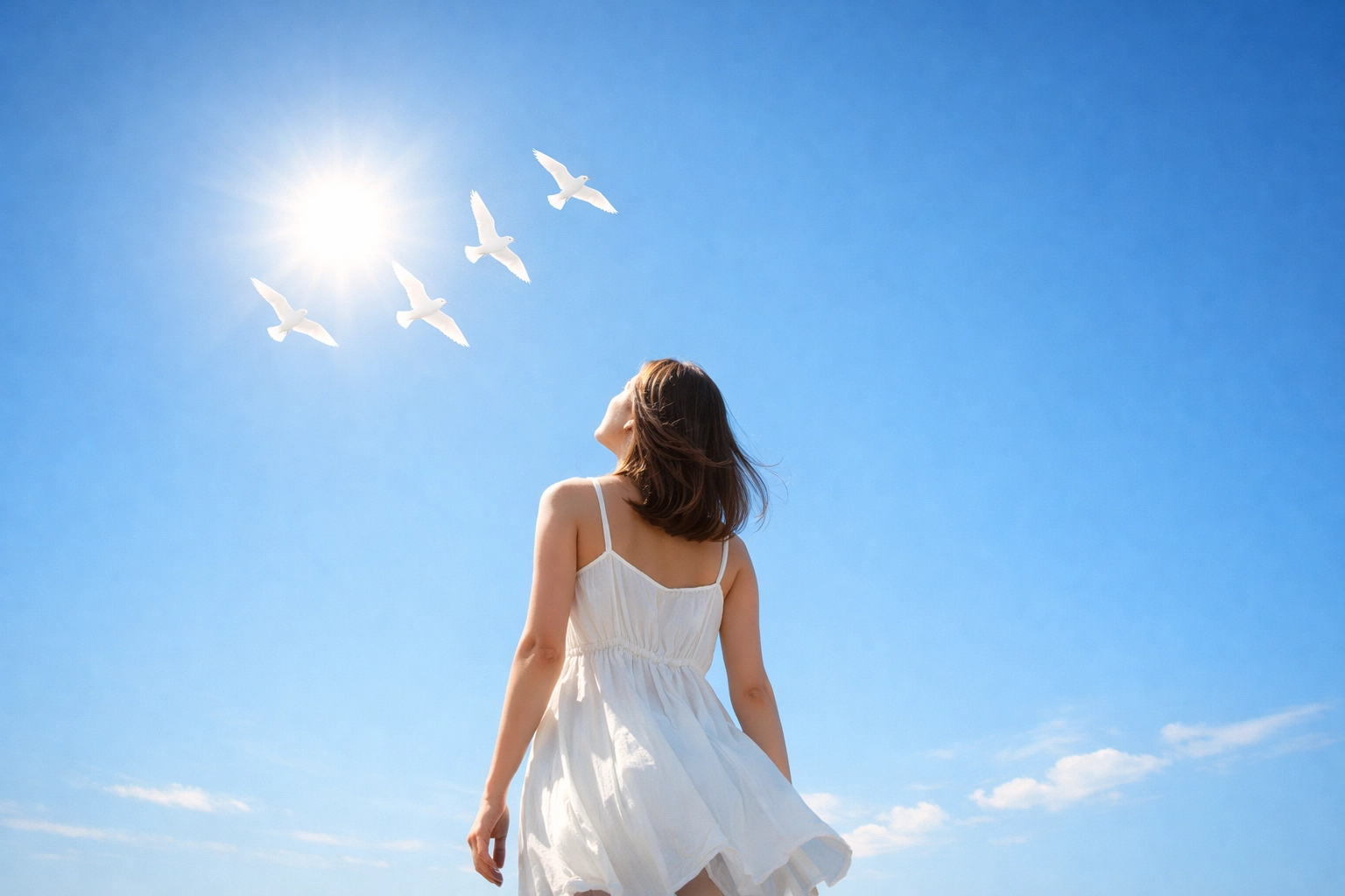A woman gazing at a bright blue sky with flying birds, symbolizing faith and spiritual freedom.