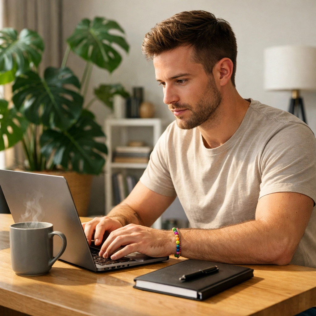 A professional gay author writing a queer romance novel on a laptop in a modern home office.