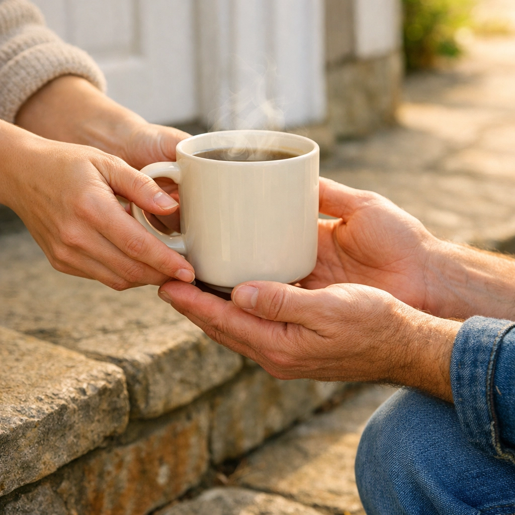 A humble act of kindness showing one person handing a warm mug to another on a rustic doorstep.