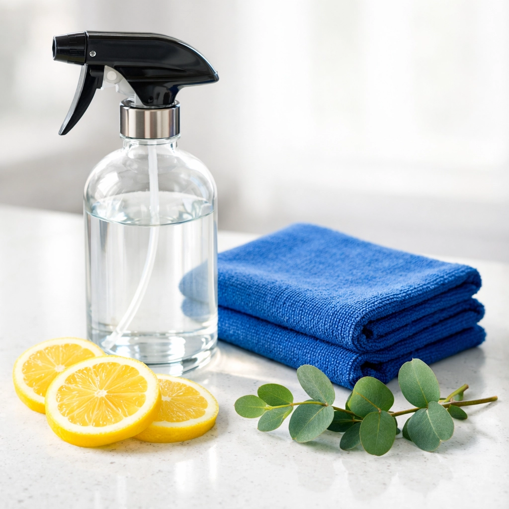 Eco-friendly cleaning supplies and microfiber cloth for high-end residential cleaning Massachusetts.