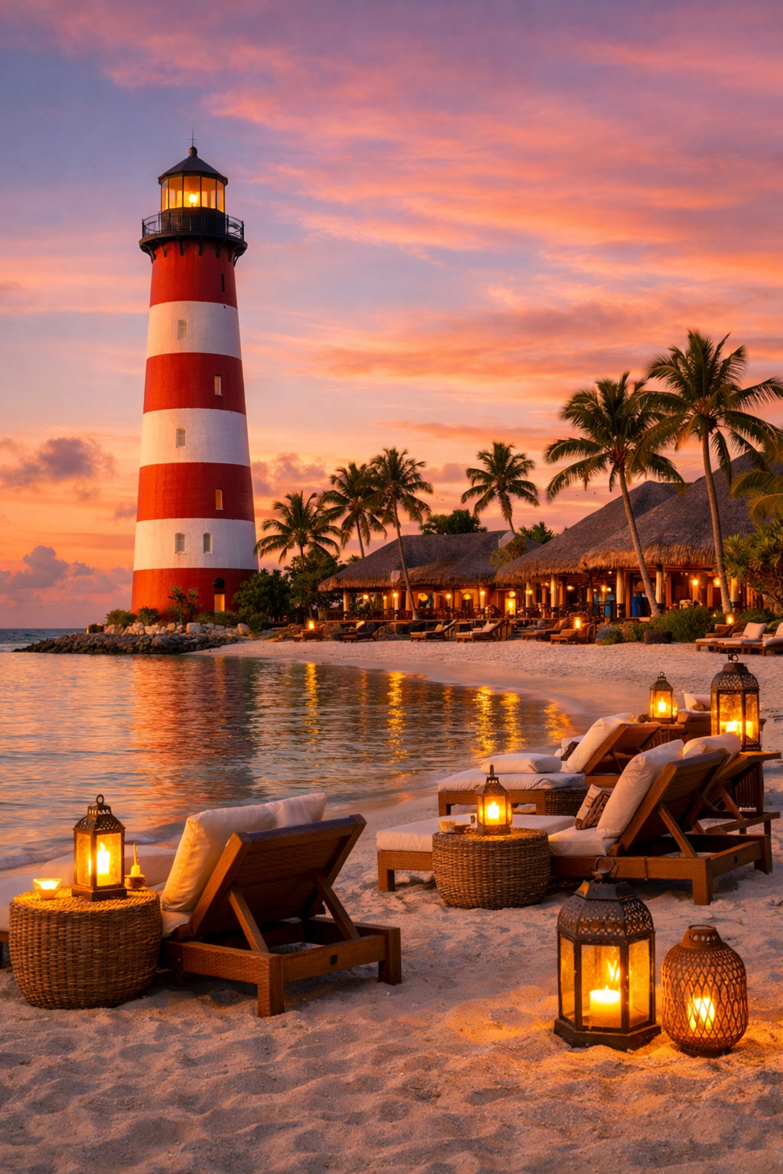 The iconic red and white lighthouse at Ocean Cay MSC Marine Reserve during sunset.