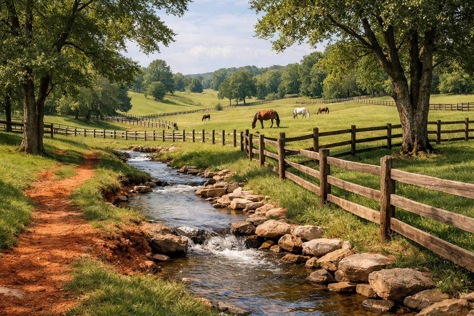 Rolling pastures with post-and-rail fencing and horses grazing on Huntersville horse farm