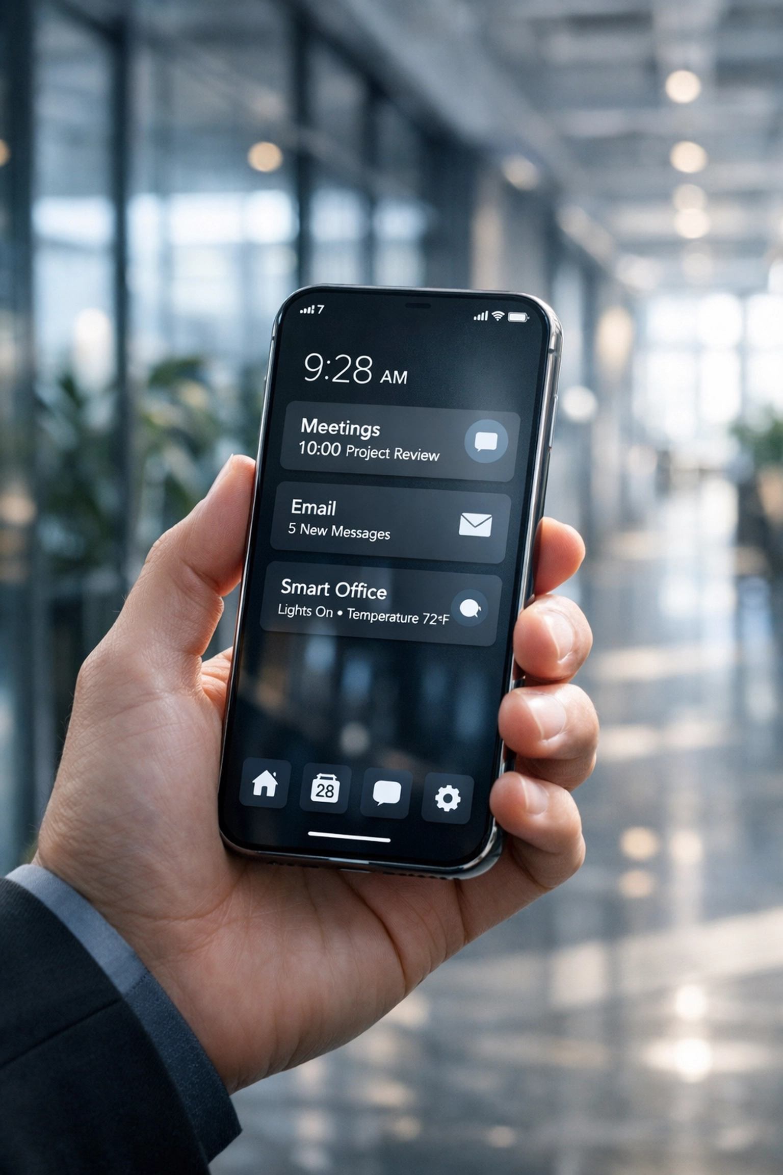 Smartphone displaying mobile-friendly crisis management training modules in a sunlit modern corporate office.