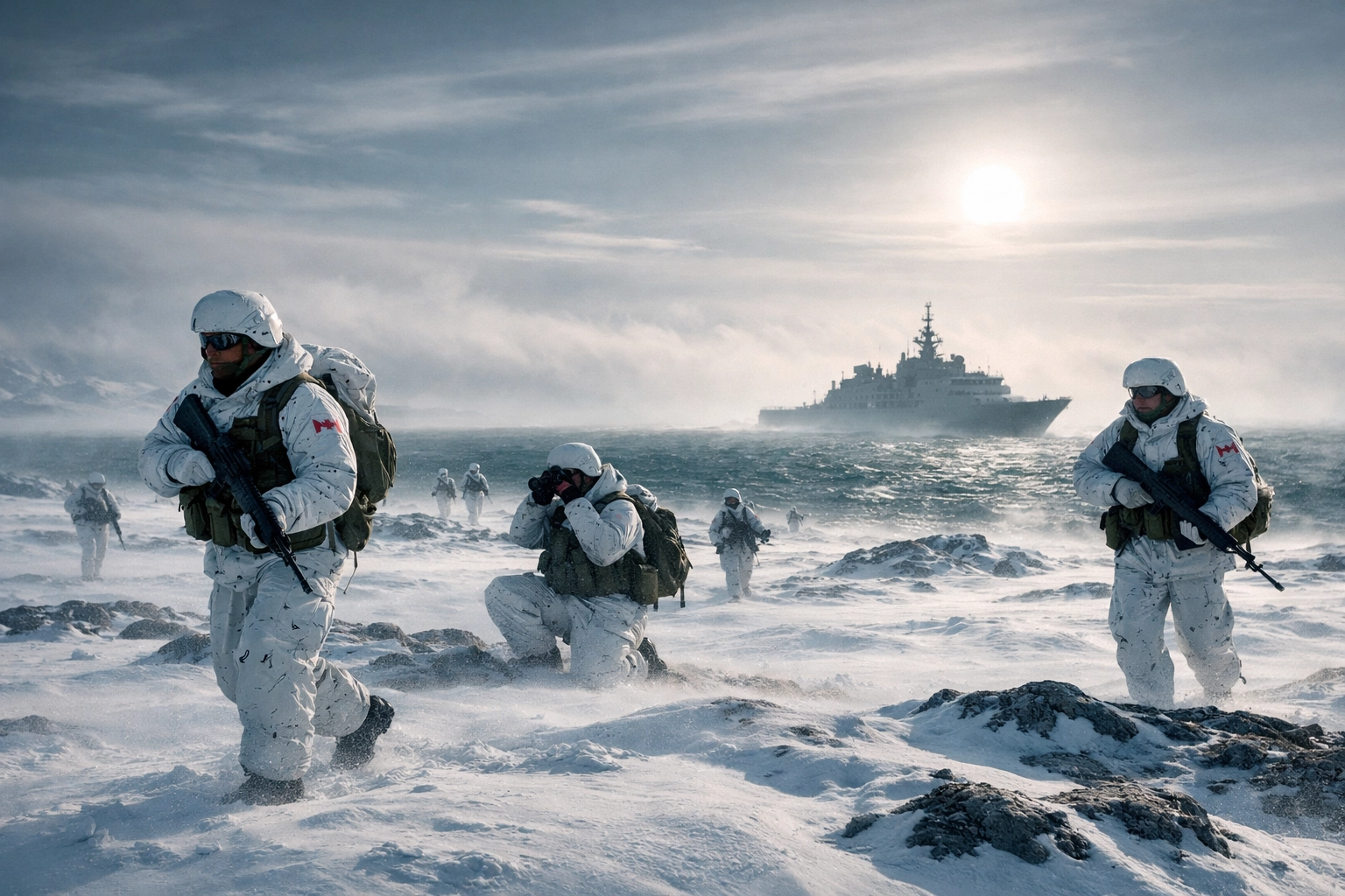 Canadian soldiers in winter camouflage patrolling the Arctic tundra during a military sovereignty exercise.
