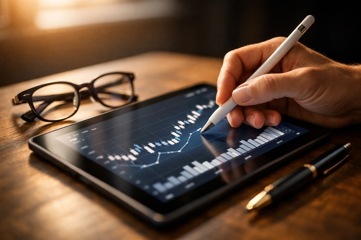 Business professional reviewing financial graphs on a tablet to optimize custom financial solutions and tax savings.