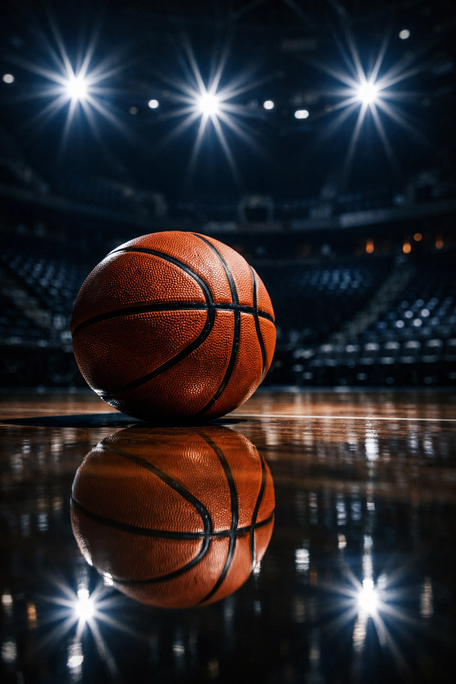 A basketball resting on a polished hardwood court reflecting the competitive spirit of the Huskies' arena.