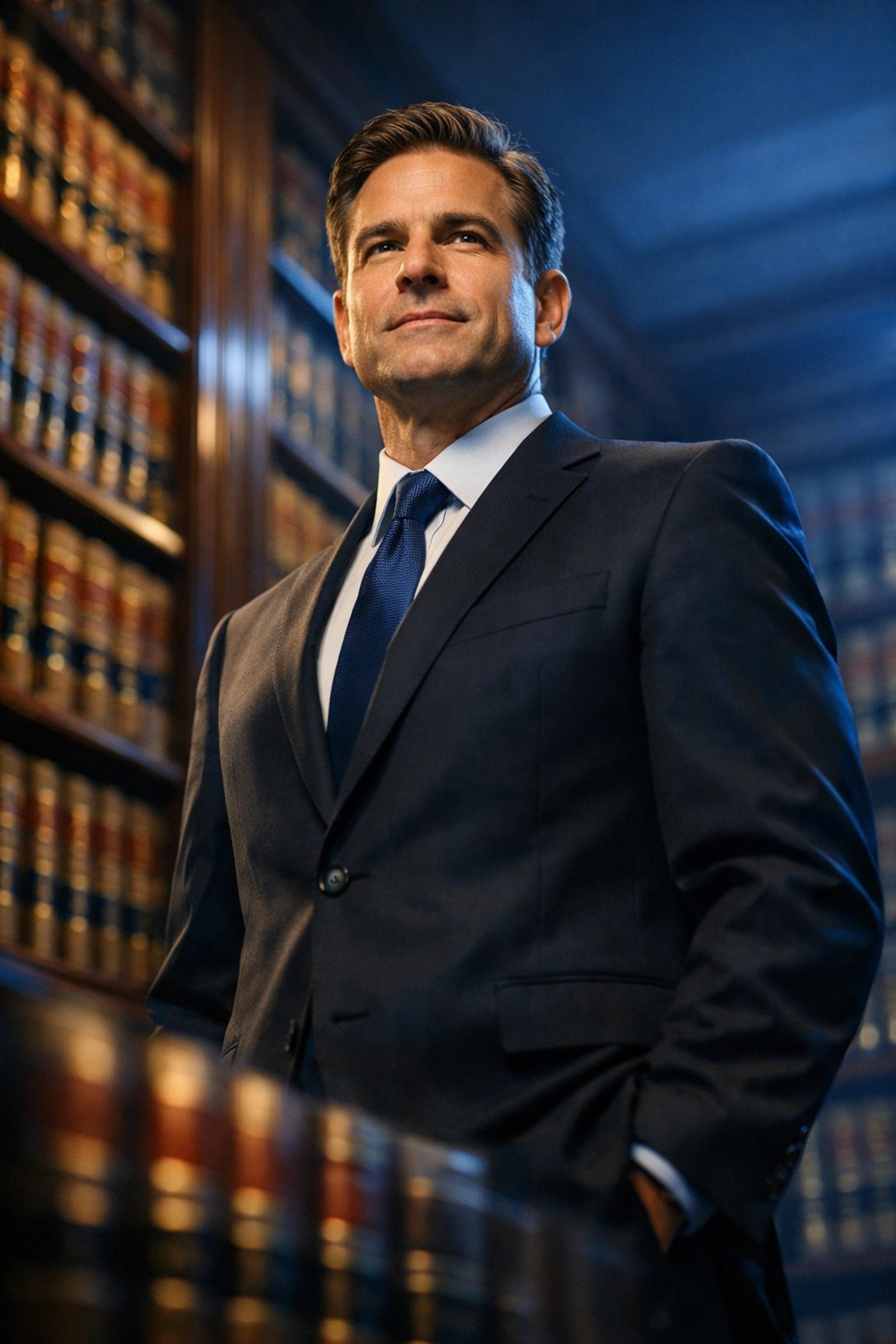 Experienced litigator Heath Davis in a law library, representing Creek County family law clients.