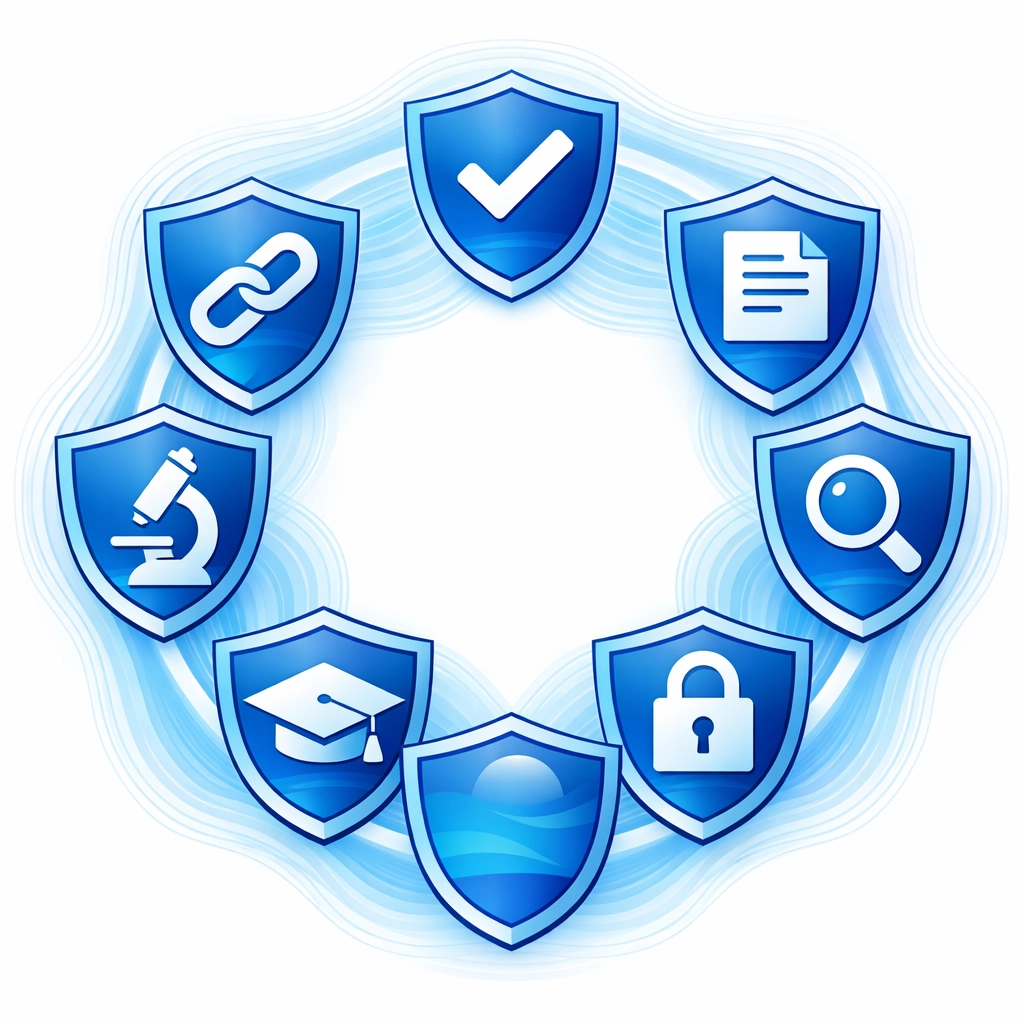 Standardized authentication process represented as protective shields with verification symbols
