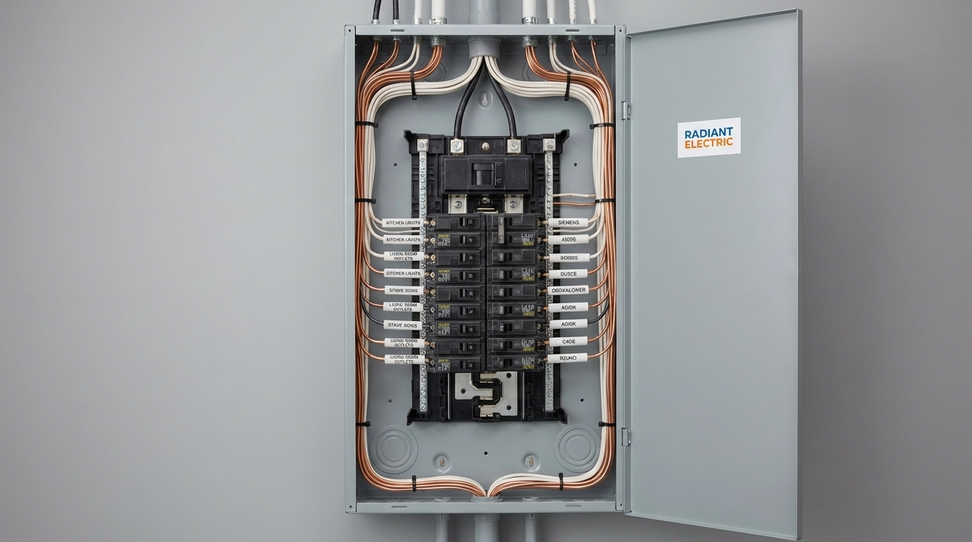 Open residential electrical panel with organized wiring, essential for safe generator use in Atlanta homes