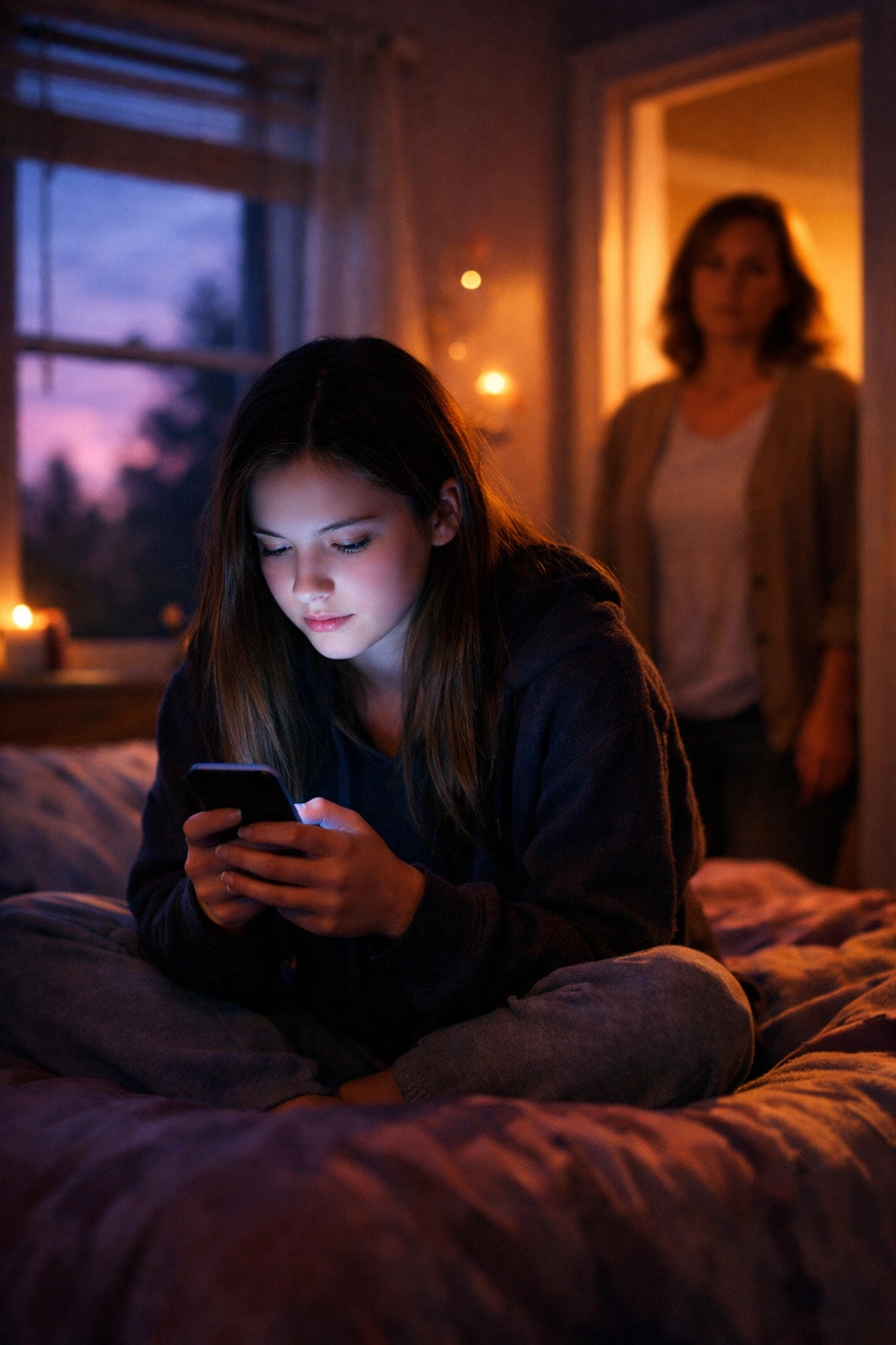 Teen girl on smartphone in bedroom while concerned parent watches from doorway
