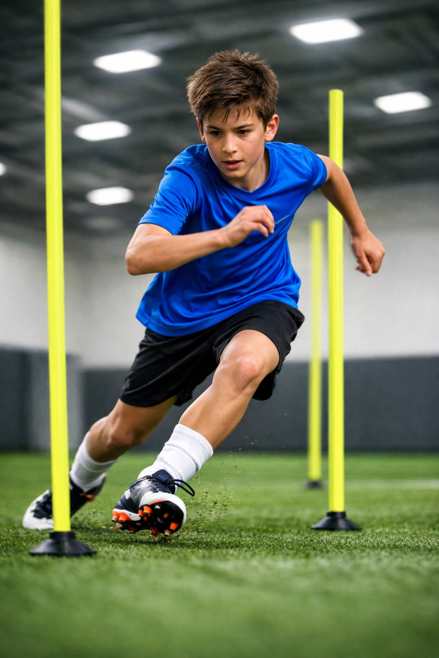 Youth athlete performing agility drills on a professional indoor soccer turf field.